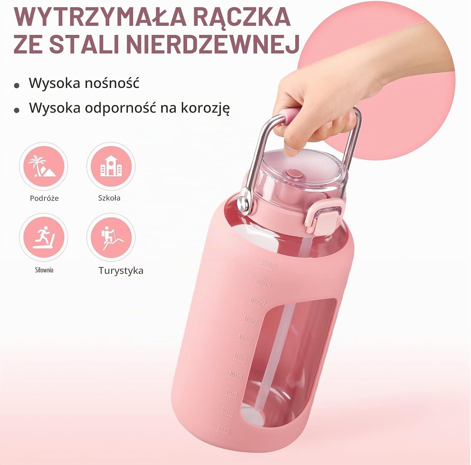 Detalle 1 de BLUEGO B-84oz-Pink – szklana butelka 2500 ml z uchwytem i znacznikami czasu