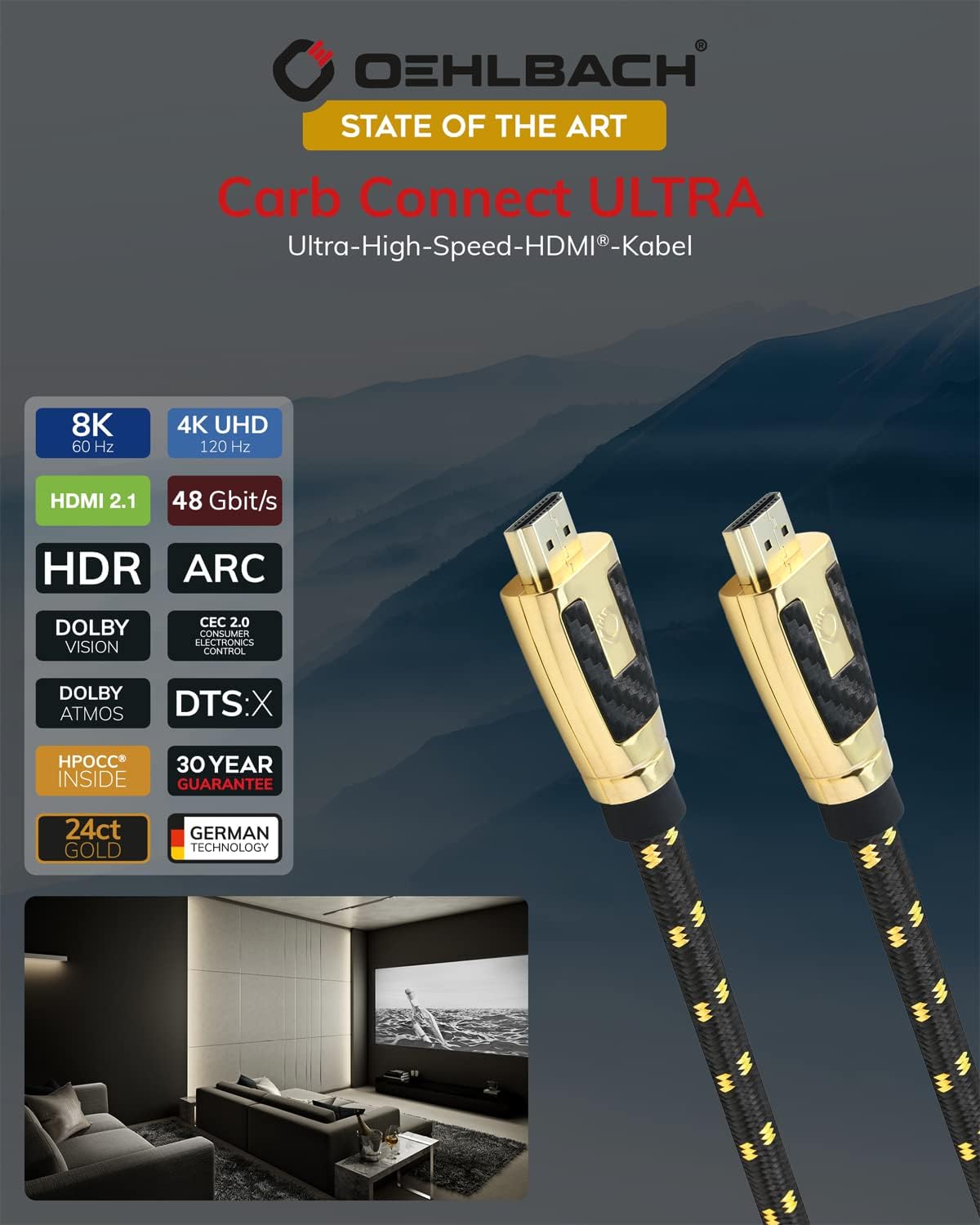 Detalle 2 de Oehlbach Carb Connect Ultra High Speed HDMI 2.1 Kabel (48 Gbps) – 8K/60Hz & 4K/120Hz, 7,5 m