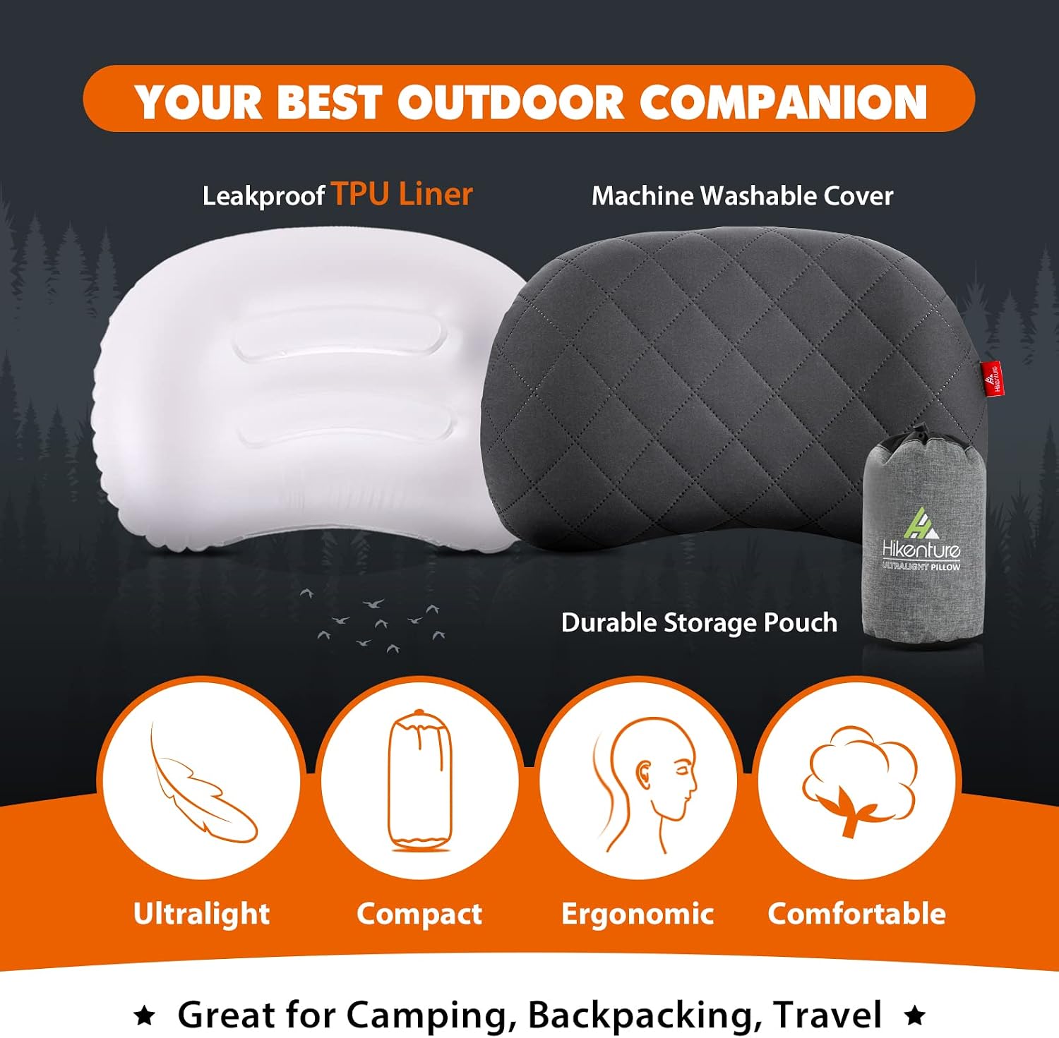 Thumbnail 1 de HIKENTURE ultralight inflatable camping pillow for adults (grey) with removable cover