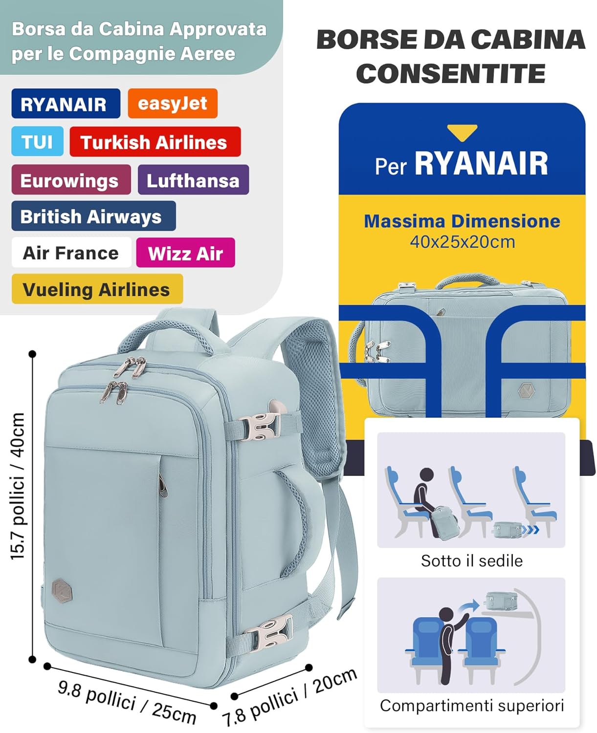Detalle de VANKEV Zaino Ryanair 40x20x25 20L con porta PC fino a 14 pollici (azzurro)