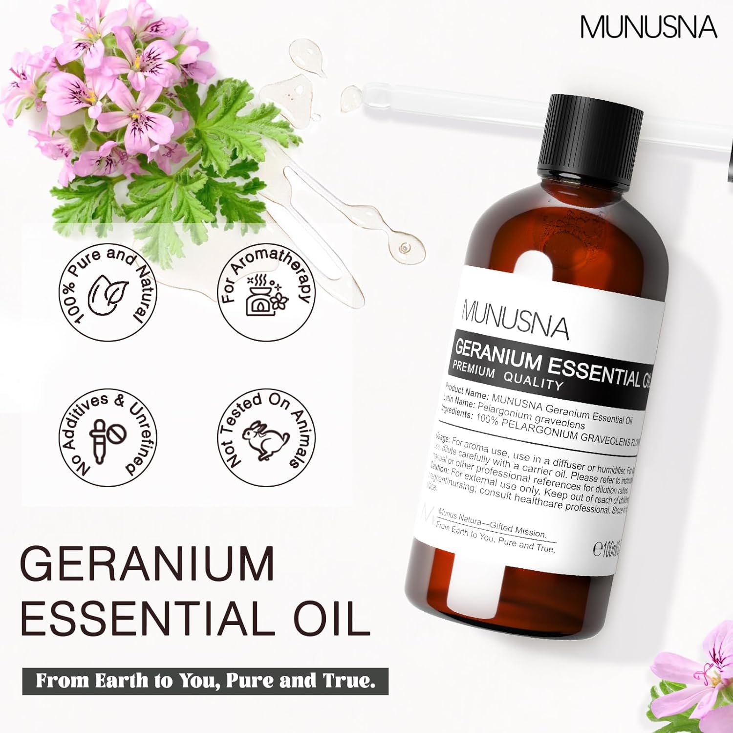 Detalle 2 de 100ml 100% Pure Geranium Oil Essential (Steam-Distilled) – Amber Glass Bottle with Dropper