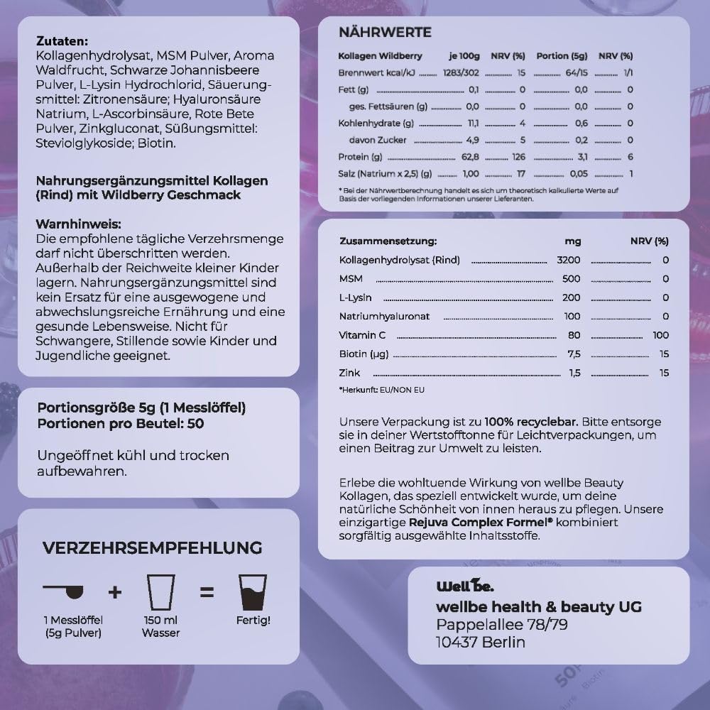 Detalle de Wellbe Kollagen Pulver Wildberry – hochdosierte Kollagenpeptide, Hyaluron und Vitamine (3 x 250 g)