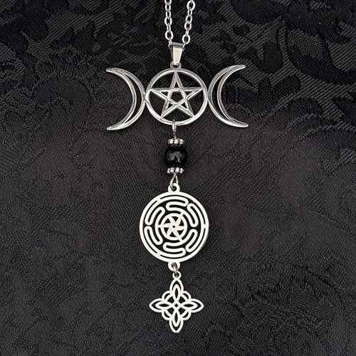 Detalle de Simboliks Collar Triple Luna con Pentagrama y Ónix Natural – Amuleto de Protección Wicca en Acero Inoxidable
