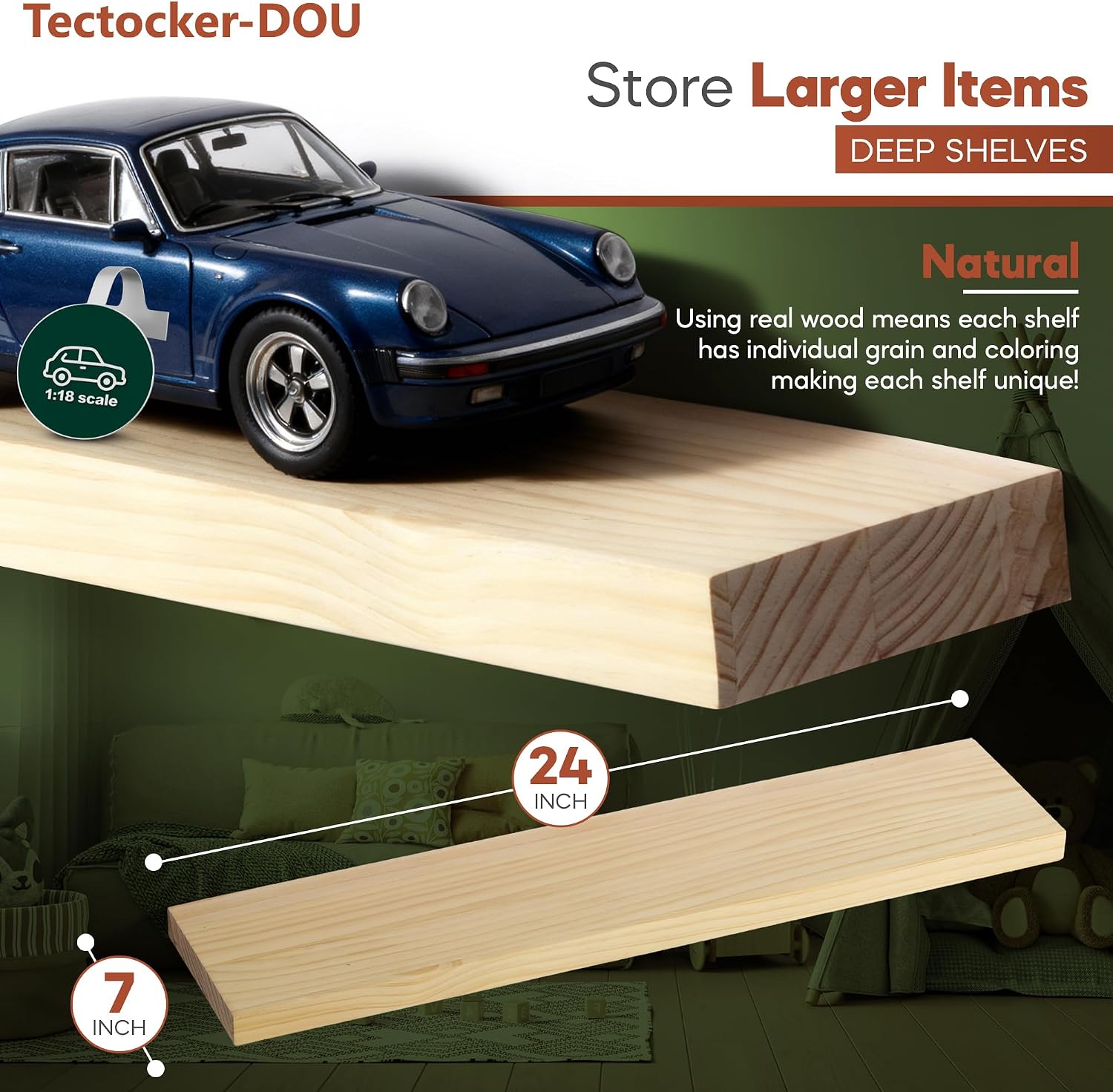Thumbnail 6 de 24-Inch Pine Floating Shelves, Set of 2, with Hidden Brackets