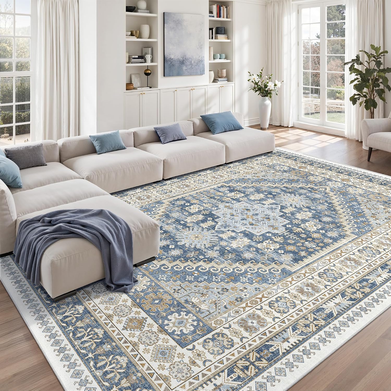 Detalle 2 de zesthome 8' x 10' Washable Area Rug, Low-Pile Microfiber, Blue/Beige