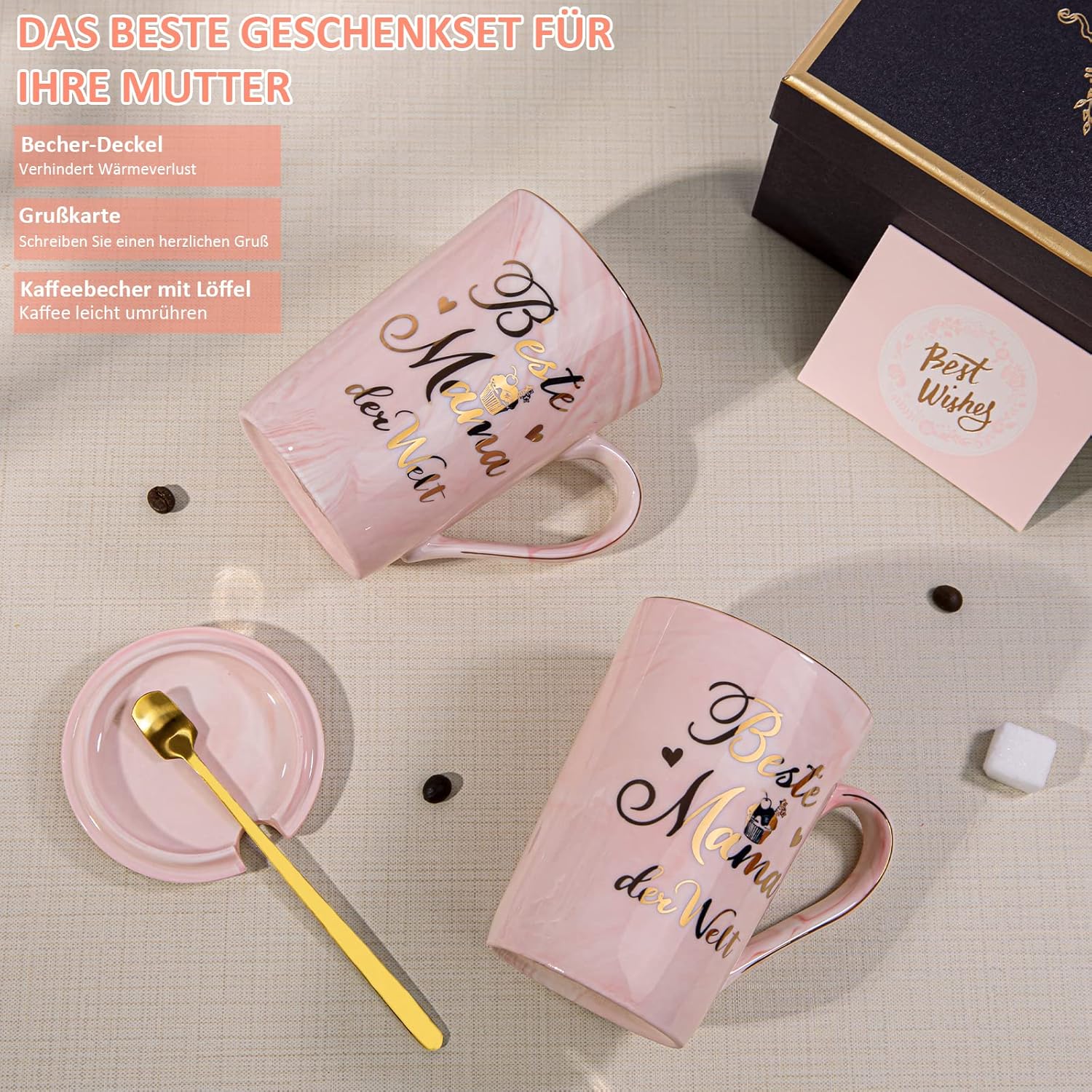 Thumbnail 4 de Muttertagsgeschenk „Beste Mama der Welt“ – Muttertagsgeschenk Tasse in Rosa Marmoroptik mit Goldaufdruck, 400 ml (mit Deckel, Löffel & Grußkarte, Geschenkbox)