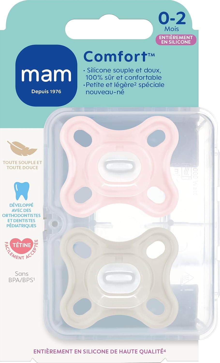 Thumbnail 1 de MAM Sucette Comfort Naissance 0-2 mois, Rose/Beige - Lot de 2 tétines