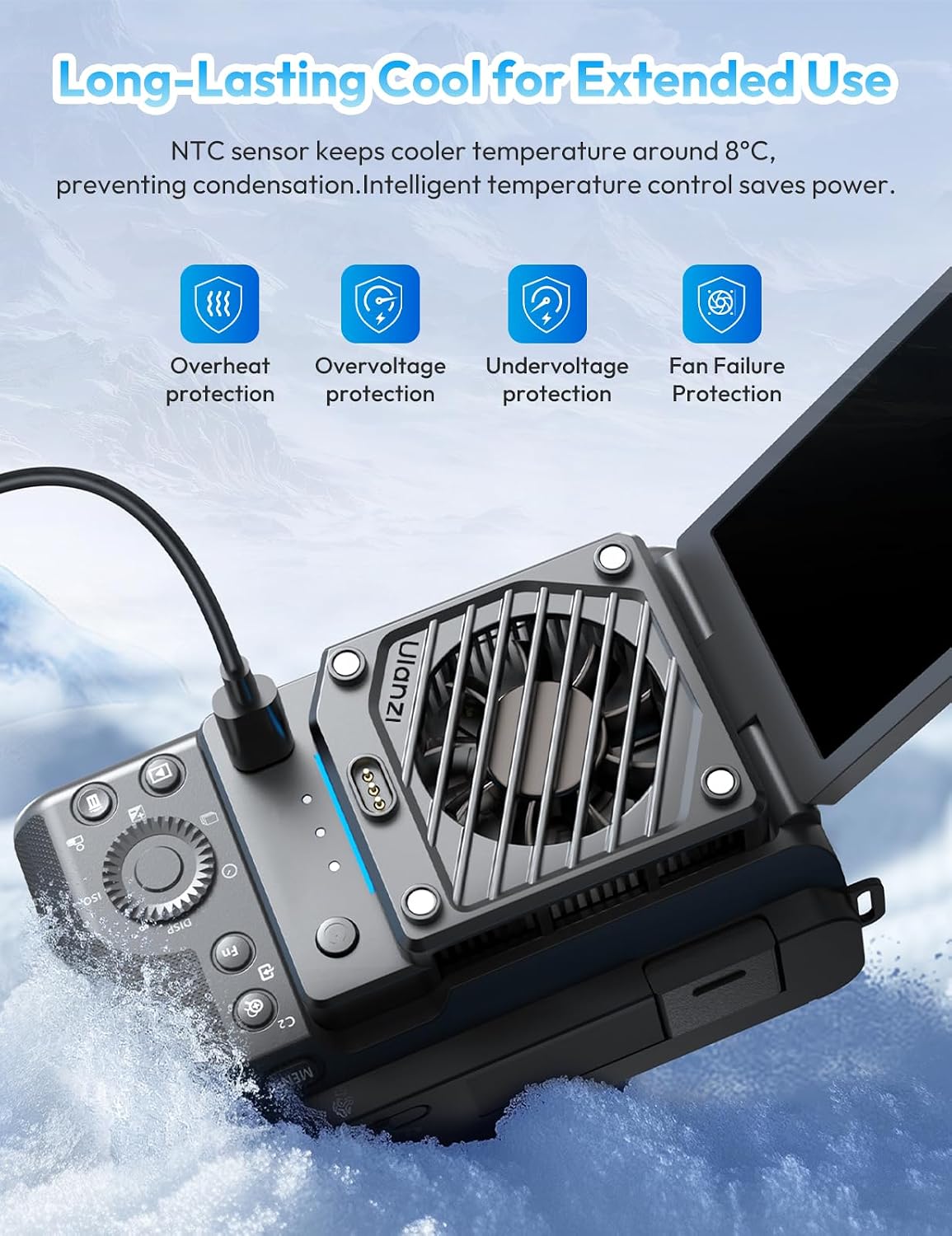 Detalle de ULANZI CU01 : refroidisseur pour appareil photo avec ventilateur, batterie 3300 mAh et charge USB Type-C