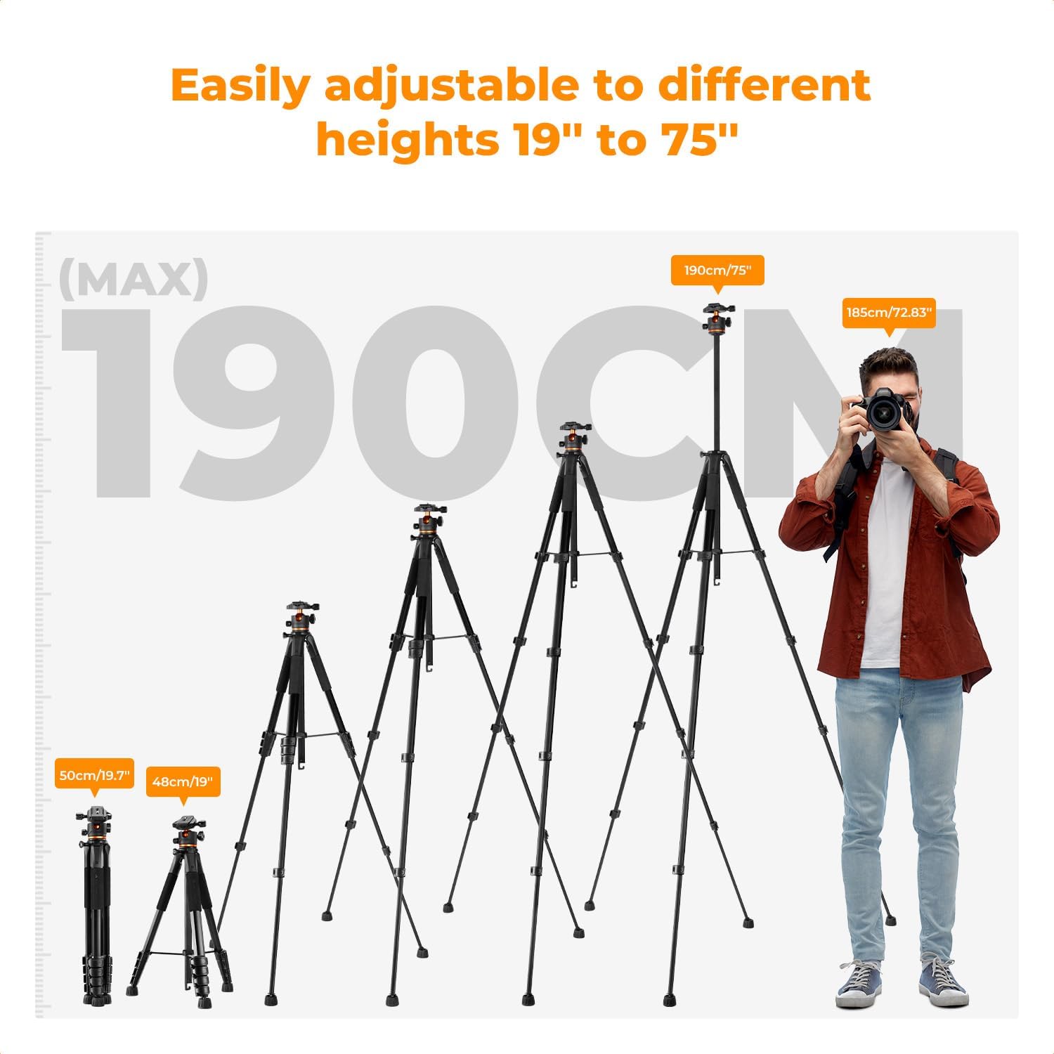Thumbnail 4 de K&F CONCEPT 75 Inch Camera Tripod (S255A3+BH-36) – Lightweight Travel DSLR Tripod with 360° Ball Head and Smartphone Compatibility