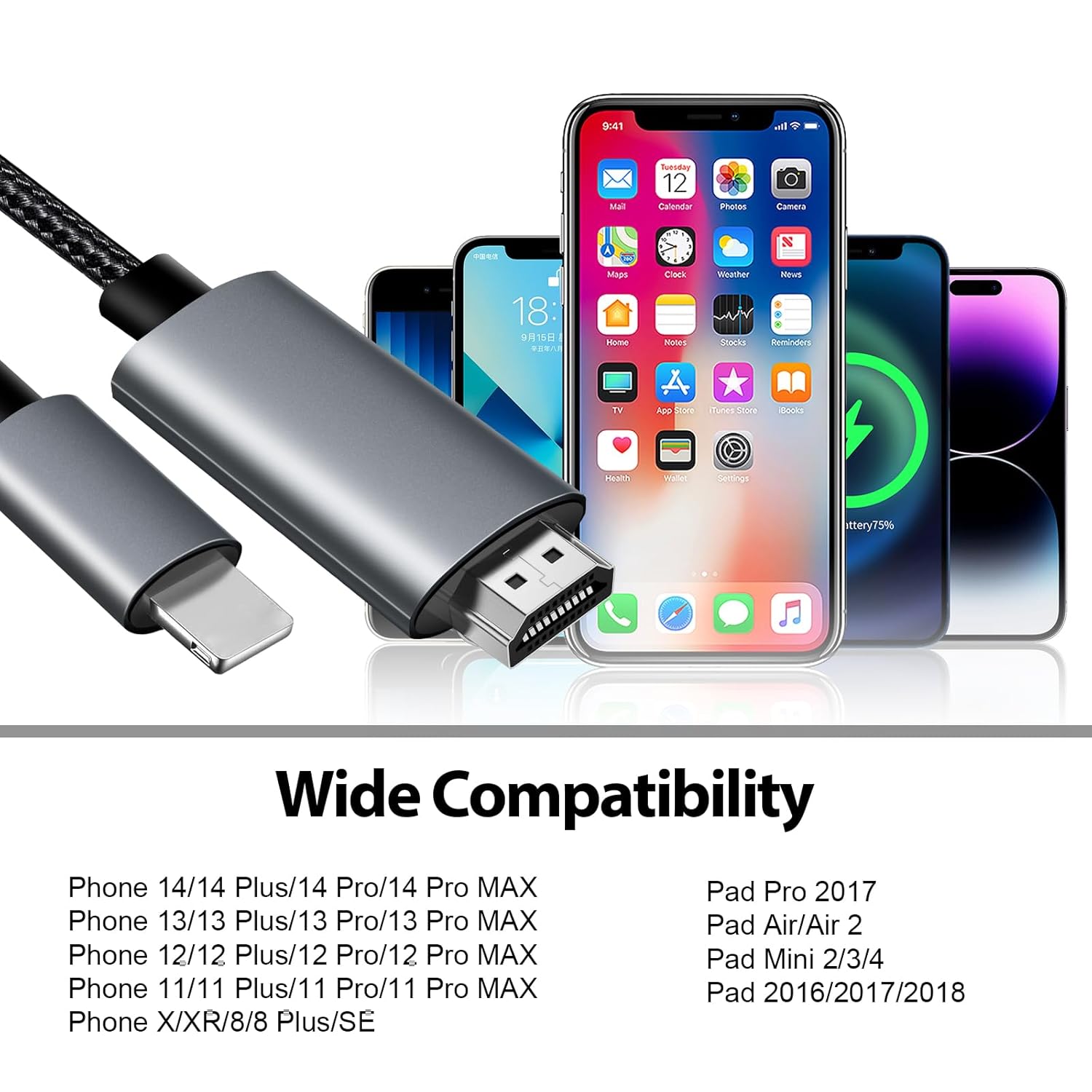 Thumbnail 6 de APKLVSR Câble HDMI Lightning vers TV – 2 m, 1080p, Plug & Play pour iPhone et iPad