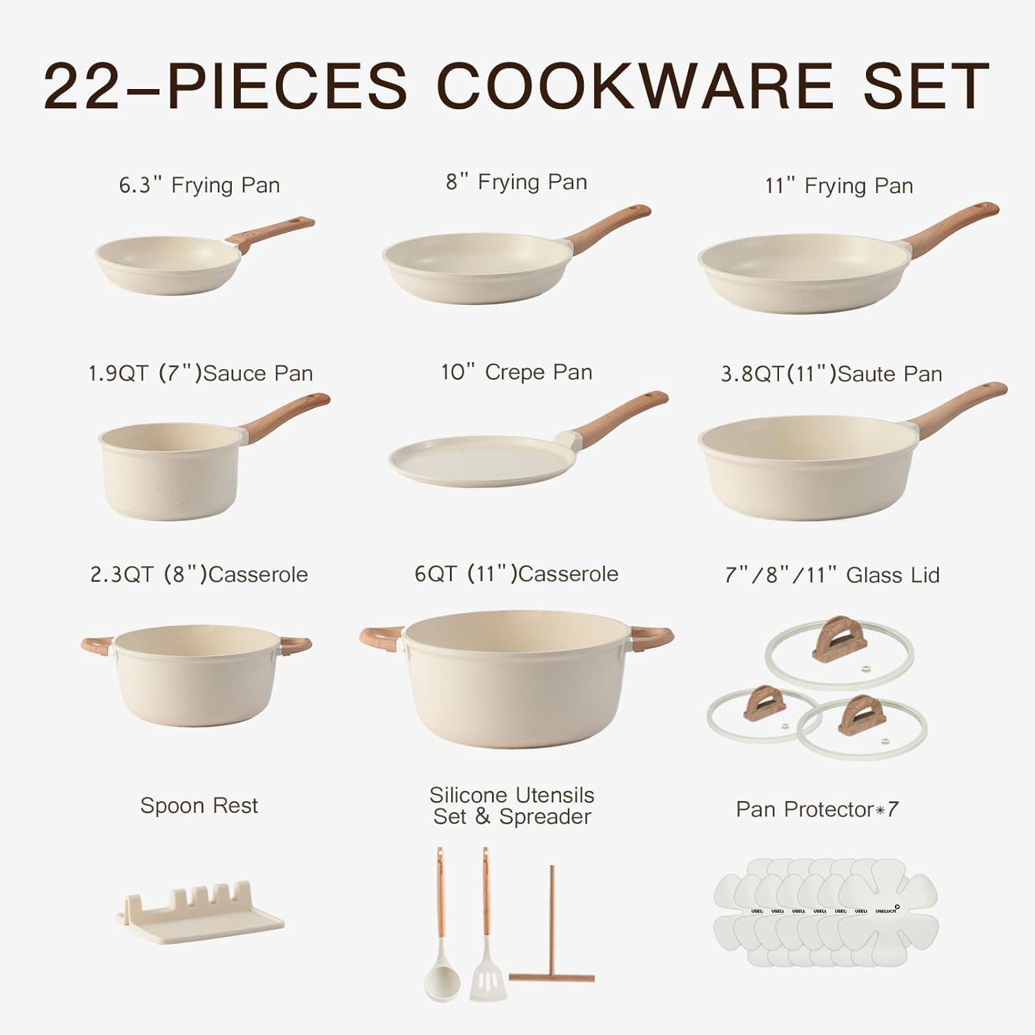 Detalle de Non Stick Ceramic Pots and Pans Set (22-Piece) – Non-Toxic, Induction Compatible, Cream White Granite