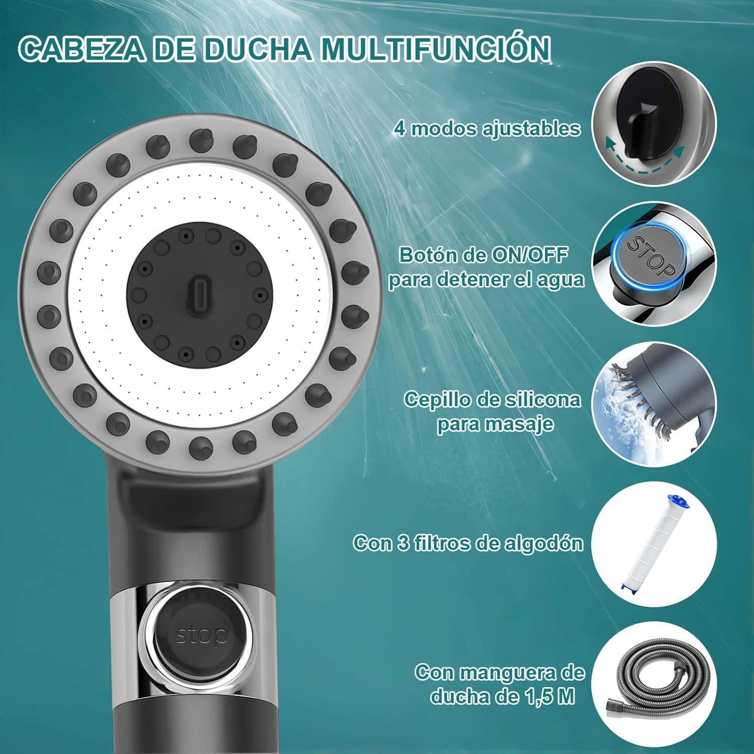 Detalle de Soidtwer Alcachofa de Ducha con Filtros y 4 Modos (Gris) – Alta Presión, Manguera de 1.5 m