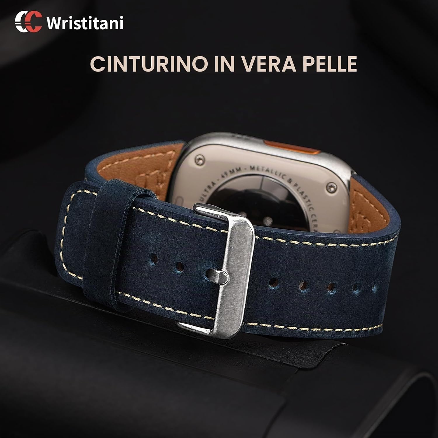 Detalle de Wristitani Cinturino in pelle vintage per Apple Watch – compatibile 38–49 mm