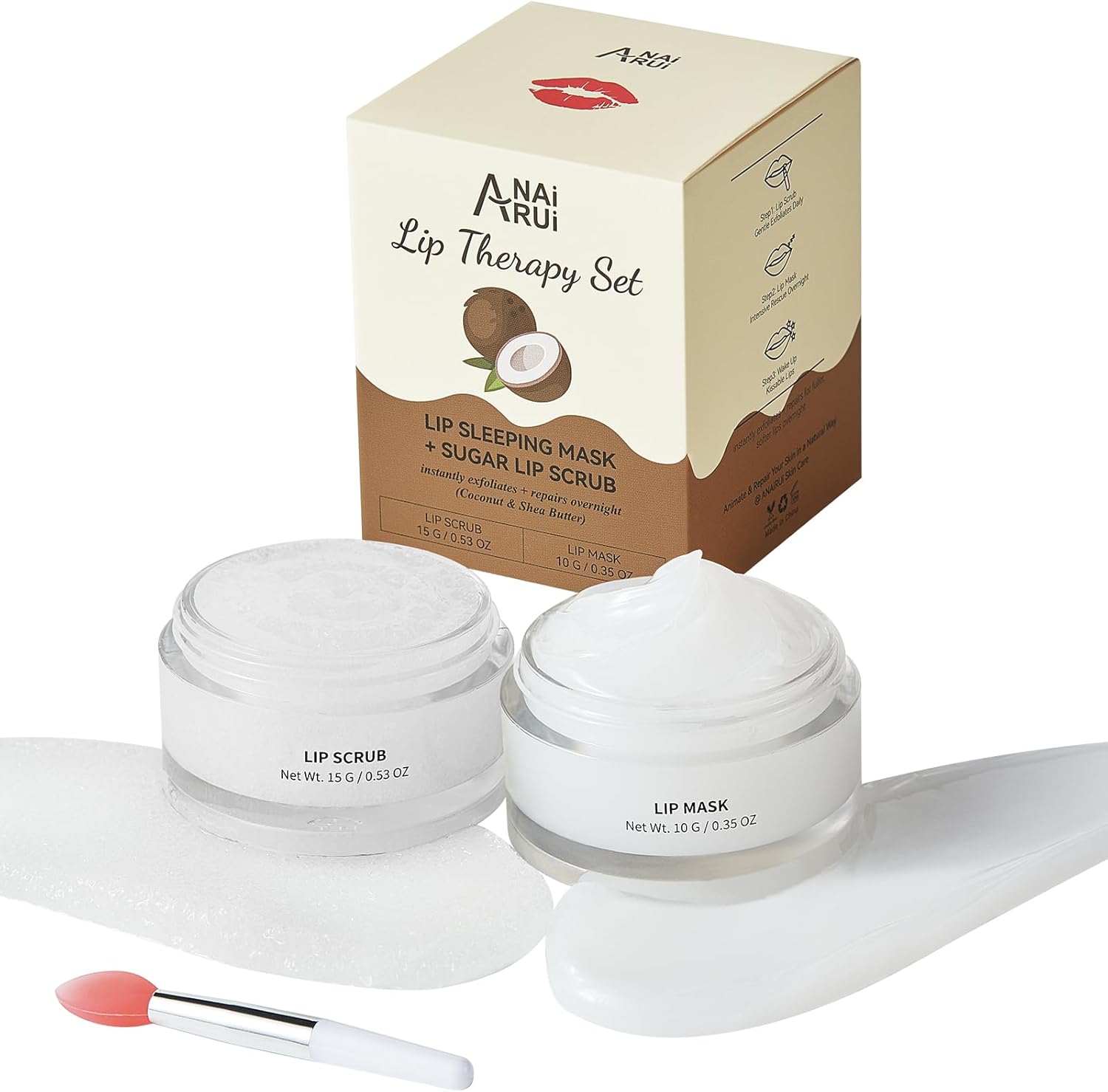 Detalle de ANAiRUi Set Cura Labbra Cocco, Karité e Vitamina E (scrub esfoliante + maschera nutriente notturna)