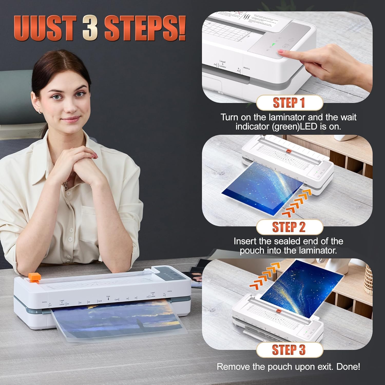 Detalle de 13" 4-Roller Commercial Laminator Machine — 3-10 Mil, 11x17/A3, 55s Warm-Up, 1000mm/min (White) with Starter Kit
