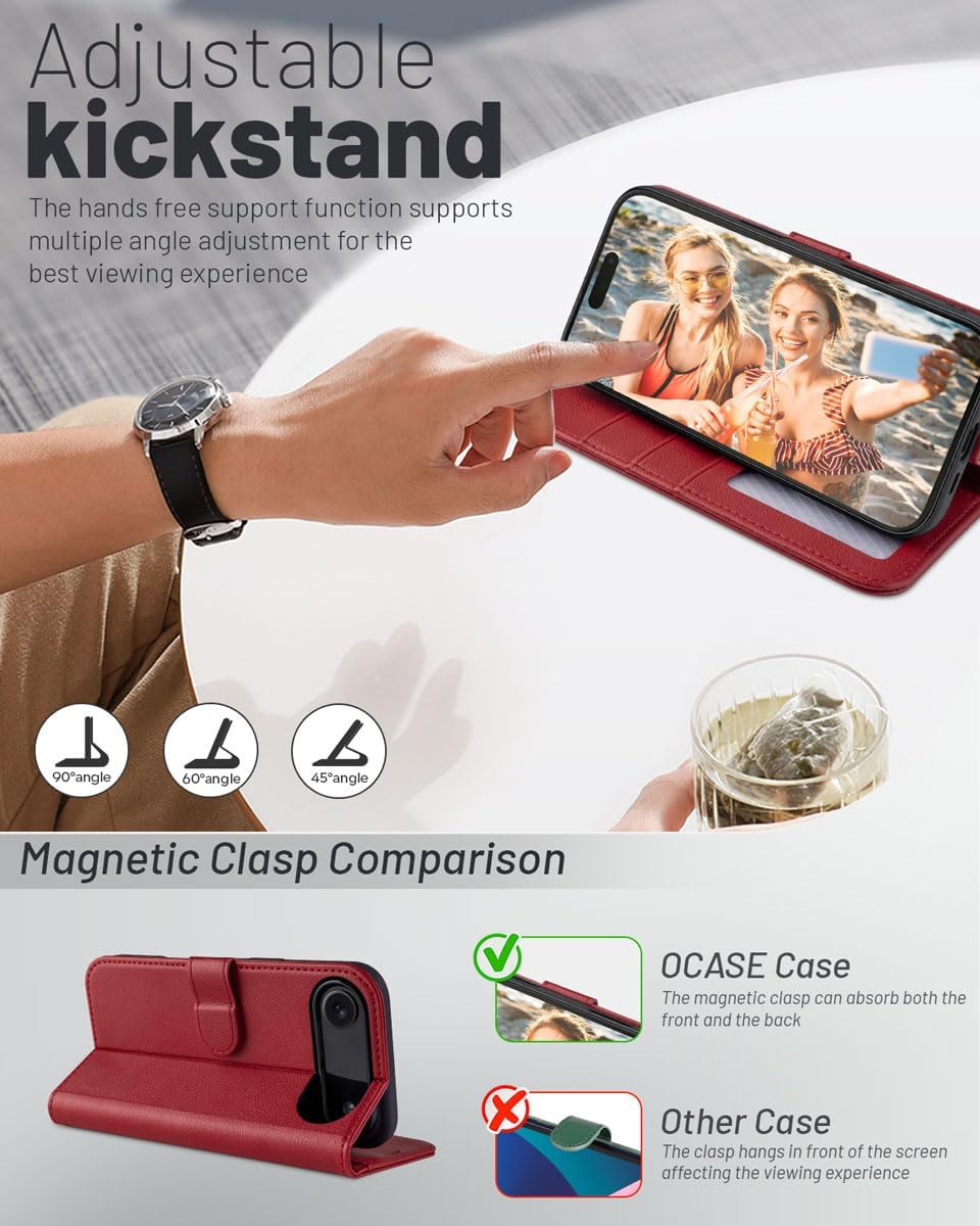 Detalle de OCASE Lederhülle für iPhone Air 5G – Kartenfach, RFID-Schutz, Standfunktion