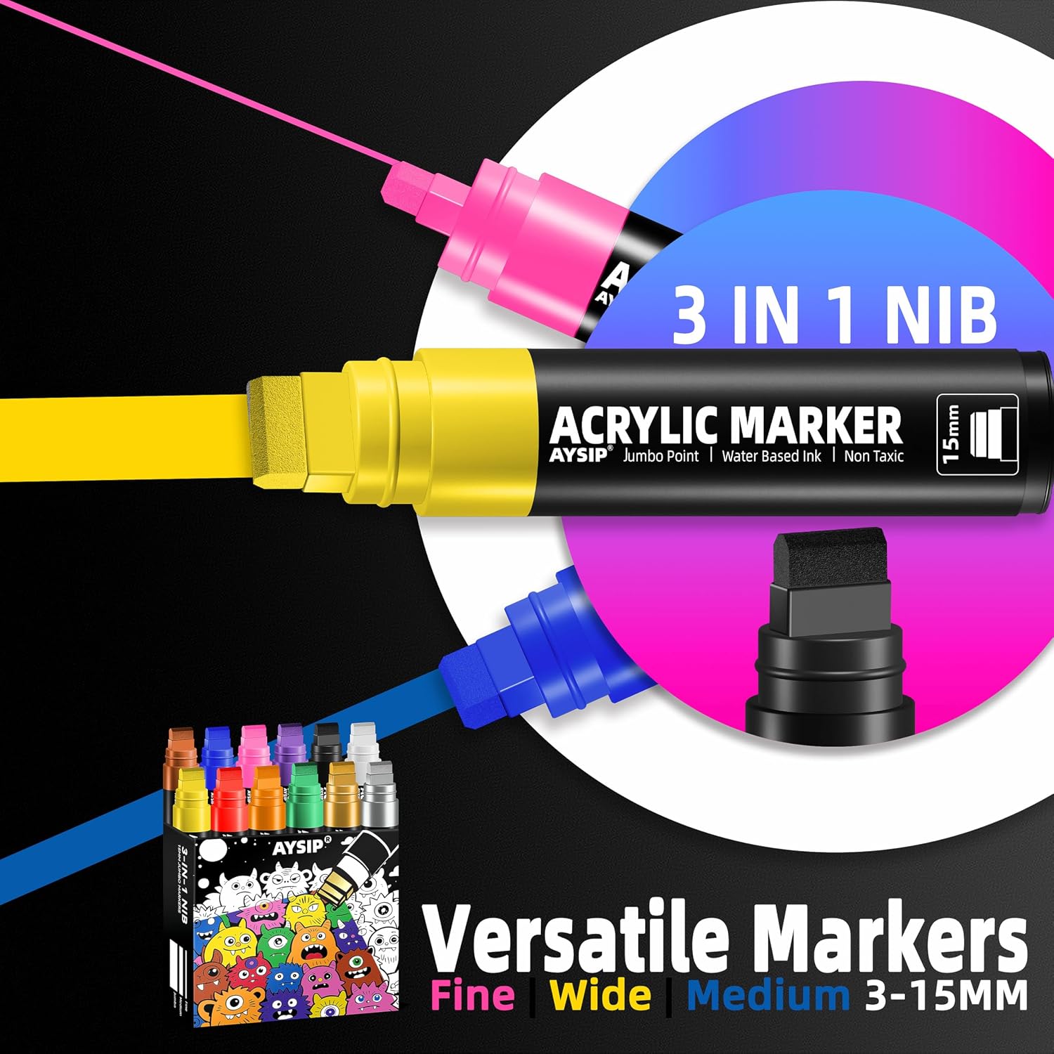 Detalle de AYSIP 12-Color Jumbo Acrylic Paint Markers, 15mm Wide Tip, Multi-Surface