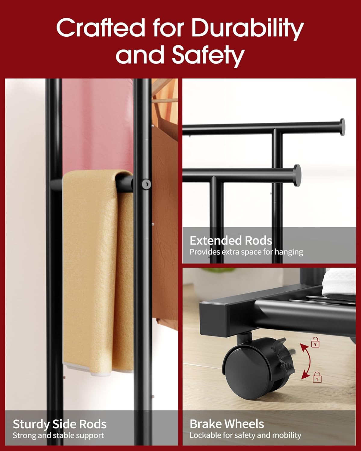 Detalle de Sakugi double-rod clothes rail with fixed extension rod, mesh shelf and universal wheels (98cm x 42cm x 150cm) - Black