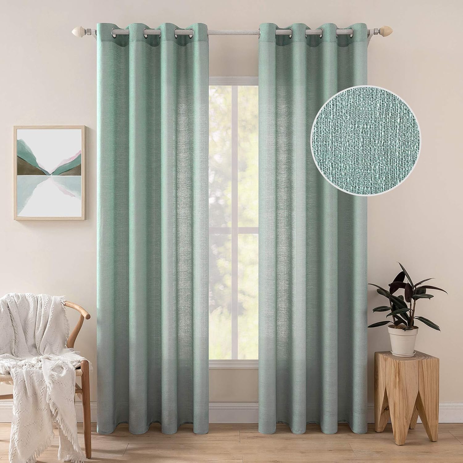 Detalle de MIULEE Vorhang Gardine 2er Set – Voile Vorhänge mit Ösen, Seegrün 140x215 cm (B x H) – Transparent, maschinenwaschbar
