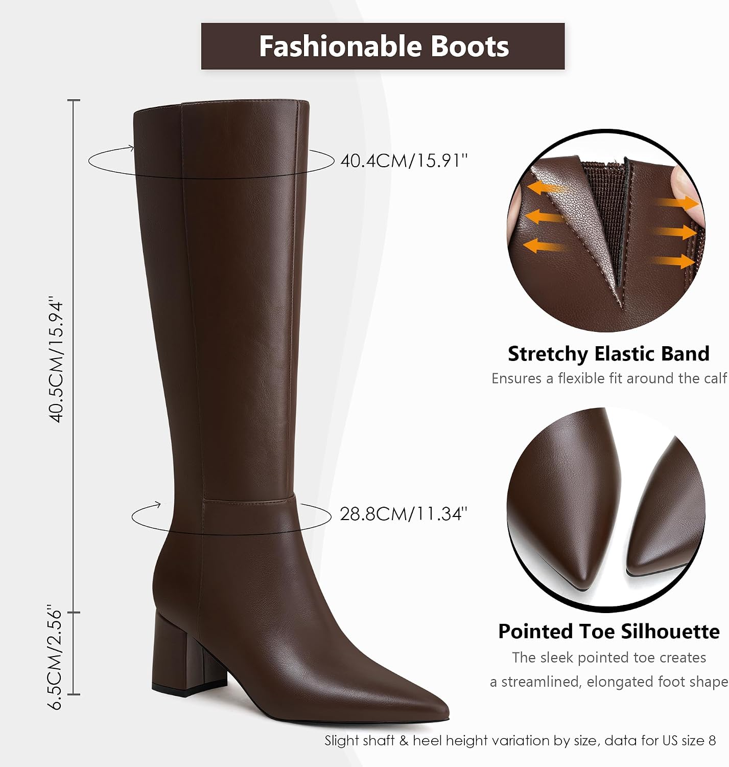 Detalle de Yamvim Knee-High Boots with Pointed Toe, Side Zip and Chunky Block Heel