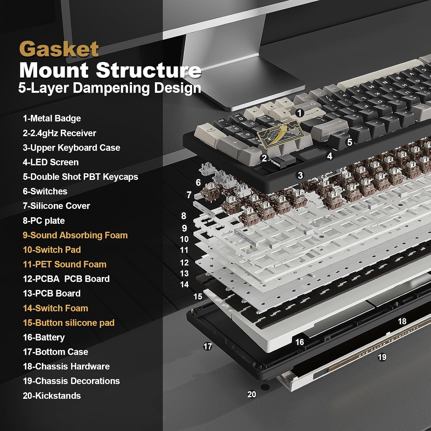Detalle de YUNZII IF99 Wireless Mechanical Keyboard with LCD Display — 96% Layout, Gasket Mounted, Hot-Swap, RGB