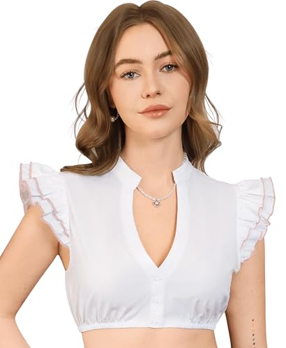 Detalle de Funspread Dirndl Bluse Damen Weiß – Kurzarm, V-Ausschnitt, Flächen Rosa 38