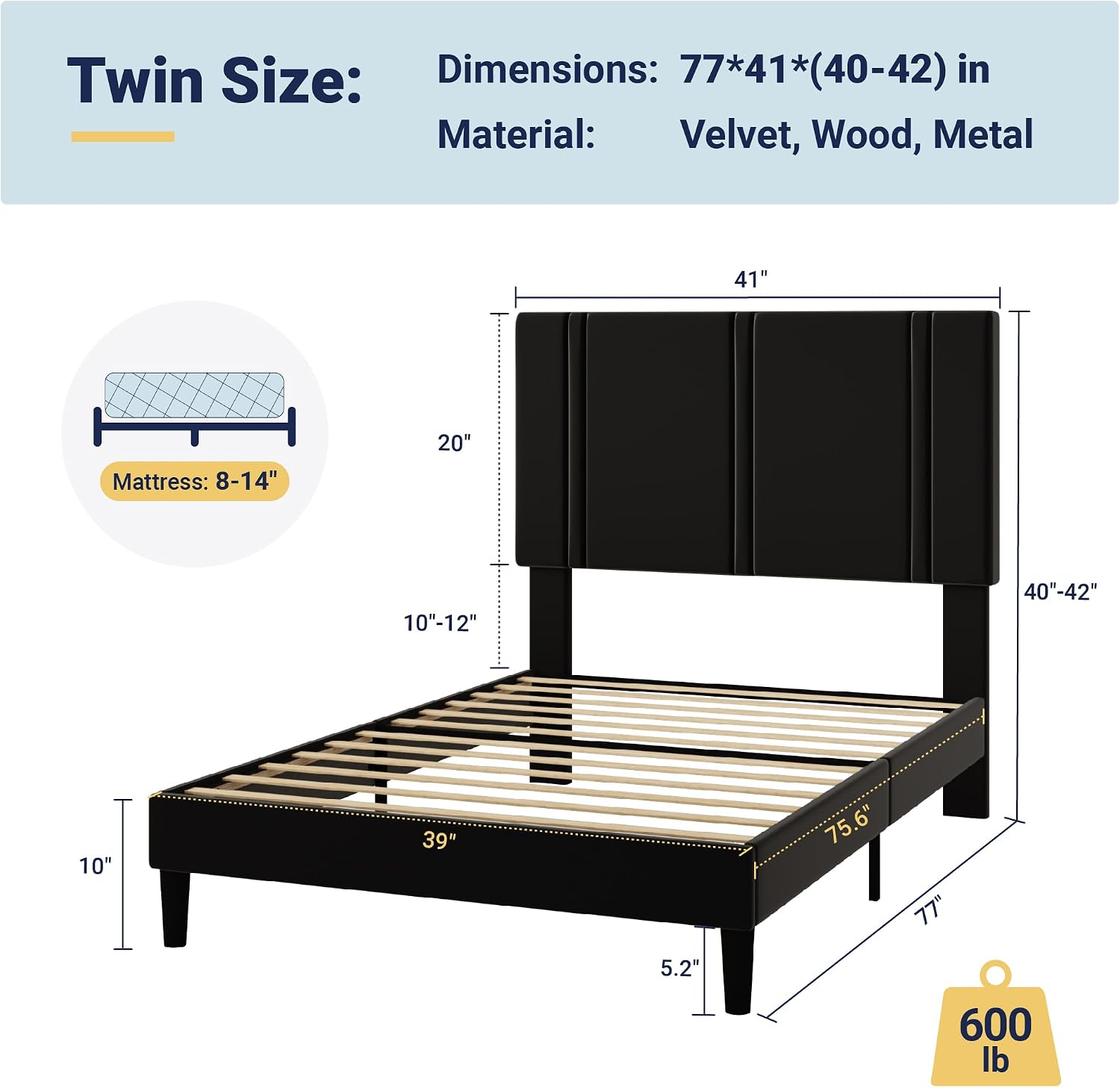 Detalle 2 de Allewie Twin Platform Bed Frame with Velvet Headboard
