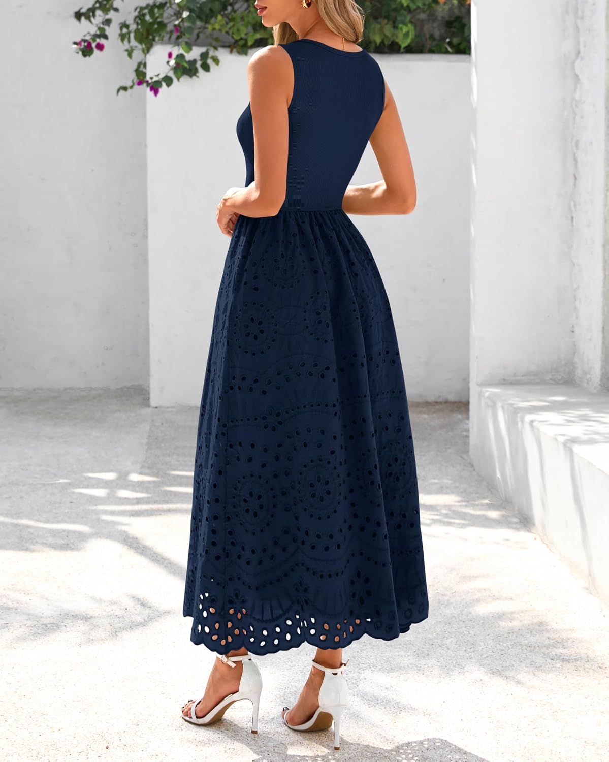 Detalle de Dowerme Women Summer Dress 2026 Maxi Boho Lace Eyelet Cotton with Pockets
