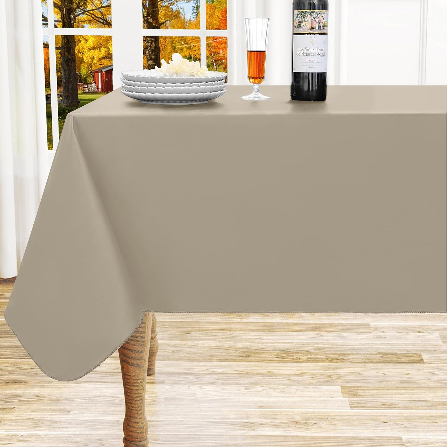 Detalle de homing Taupe Vinyl Tablecloth, Waterproof with Flannel Backing, 60" x 120