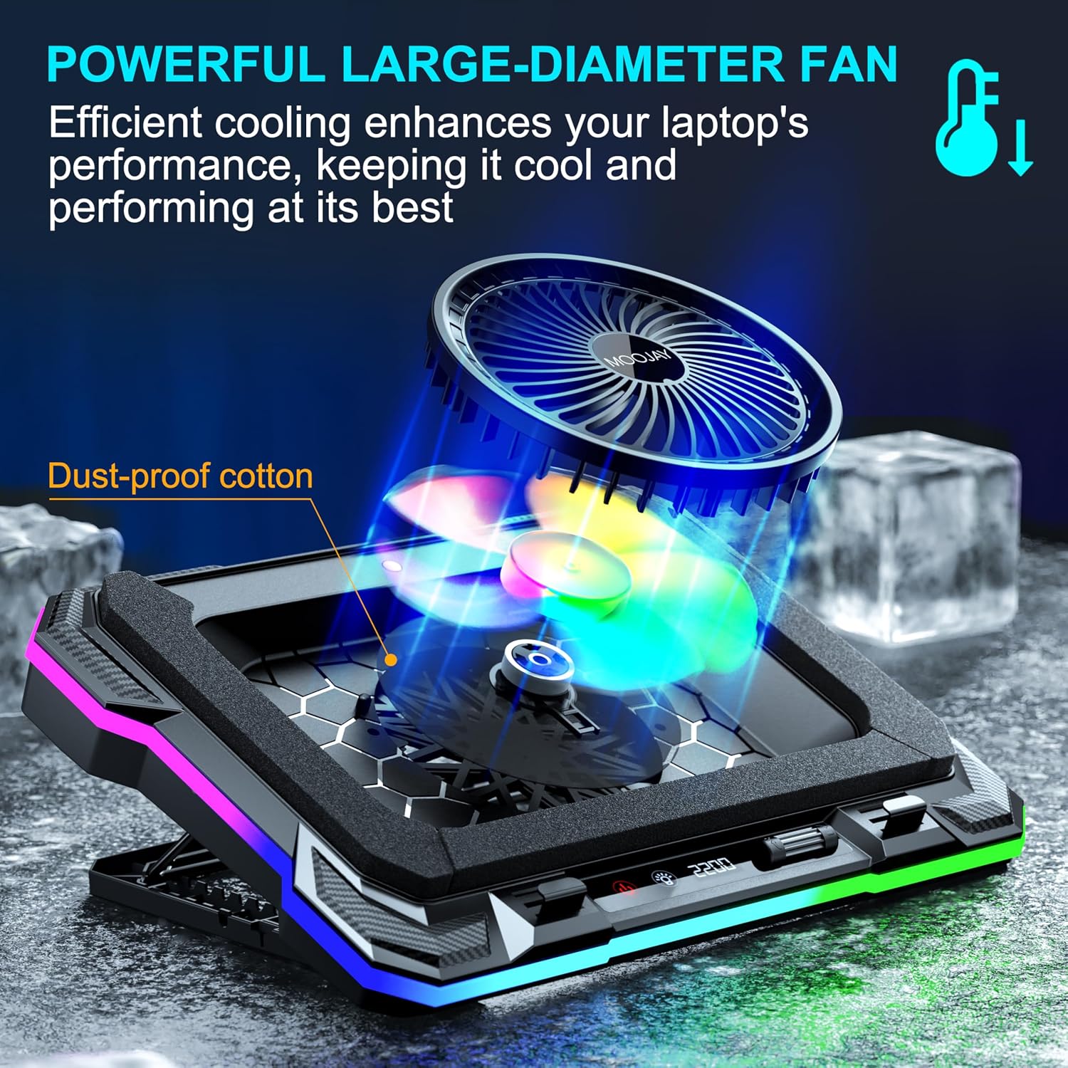 Thumbnail 1 de MOOJAY Laptop Cooling Pad with Powerful Turbo Fan and RGB Lighting (14–19 Inch) – 8 Adjustable Heights