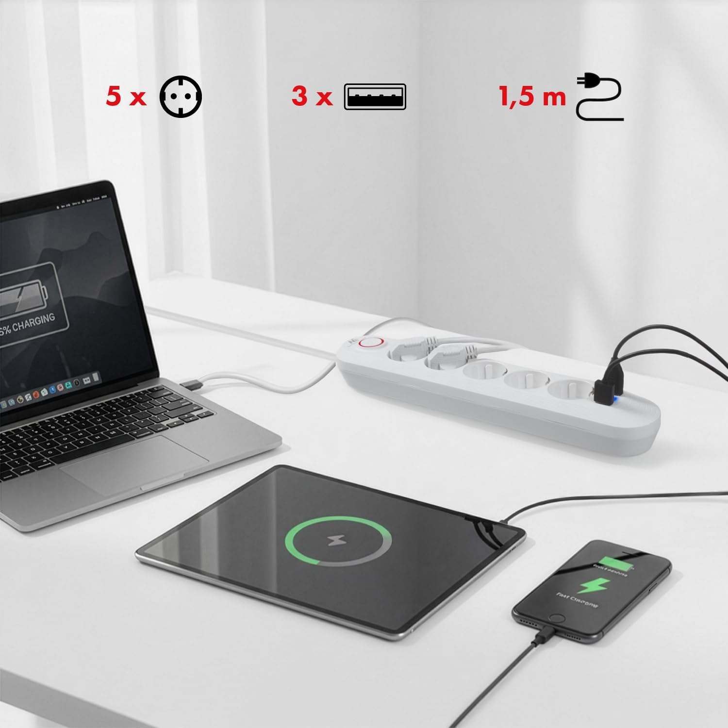 Detalle 1 de Maclean MCE395 W grenuttag med 5 uttag, 3 USB-A och 45° vinkling