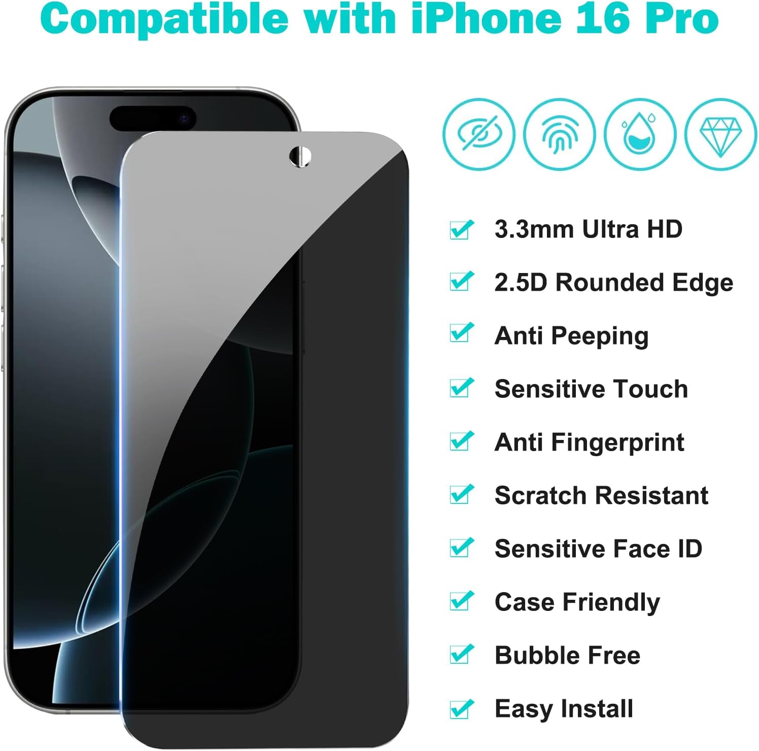 Thumbnail 1 de PEHAEL 3+3 Pack for iPhone 16 Pro Privacy Screen Protector + Camera Lens Protector