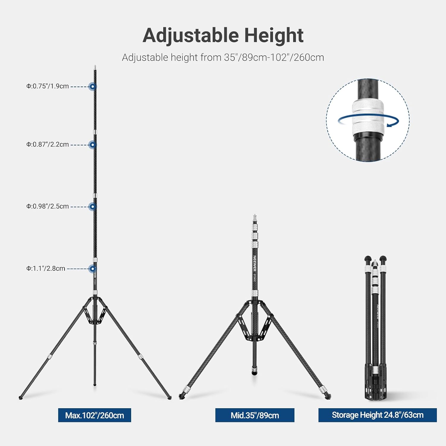 Detalle de NEEWER ST260C Carbon Fibre Tripod Stand with Reversible Legs (35"–102", 3 kg Load)