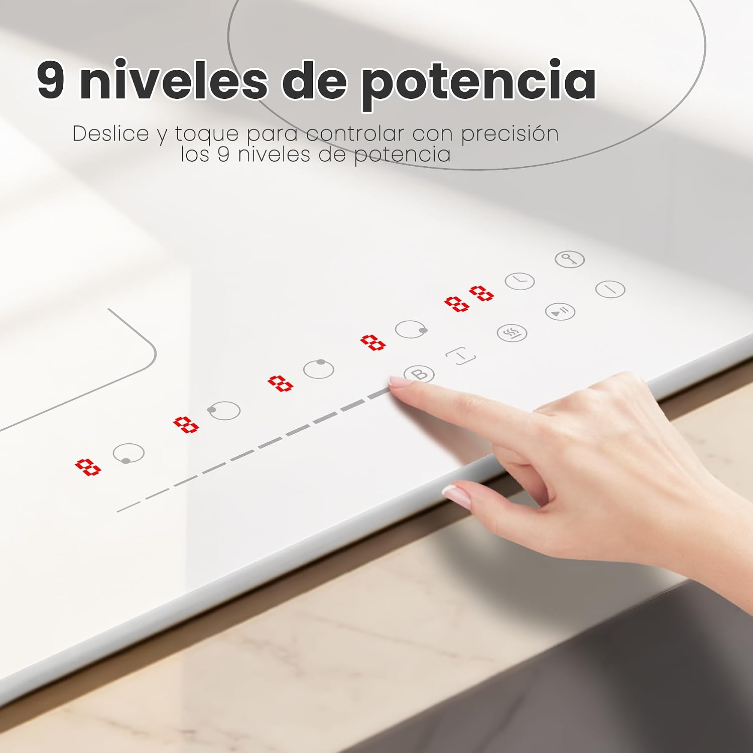 Detalle de Karinear Placa de Inducción Blanca 4 Fuegos con Zona Flexible y Enchufe