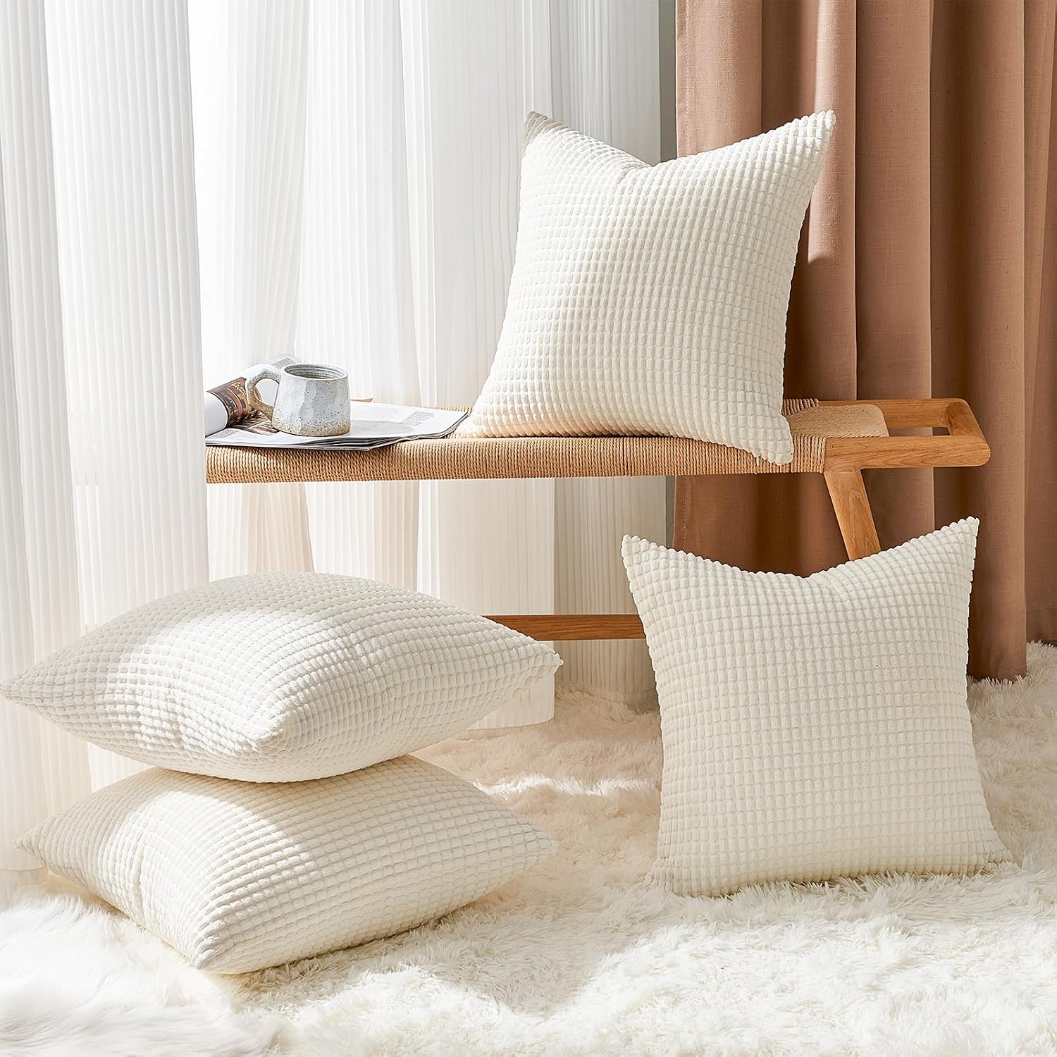Detalle de Topfinel Kissenbezug 40x40 cm Creme Weiß – 4er Set aus Kordsamt
