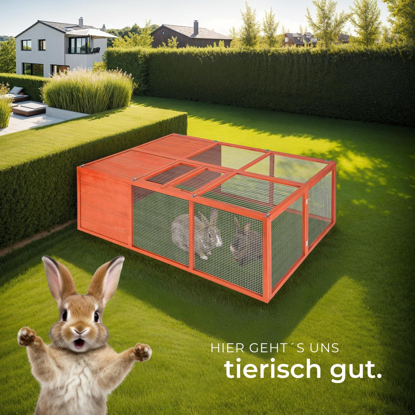 Thumbnail 6 de tectake Hasenstall faltbar Holz mit Dachöffnung – Freigehege für Kaninchen & Meerschweinchen 150x103x53 cm