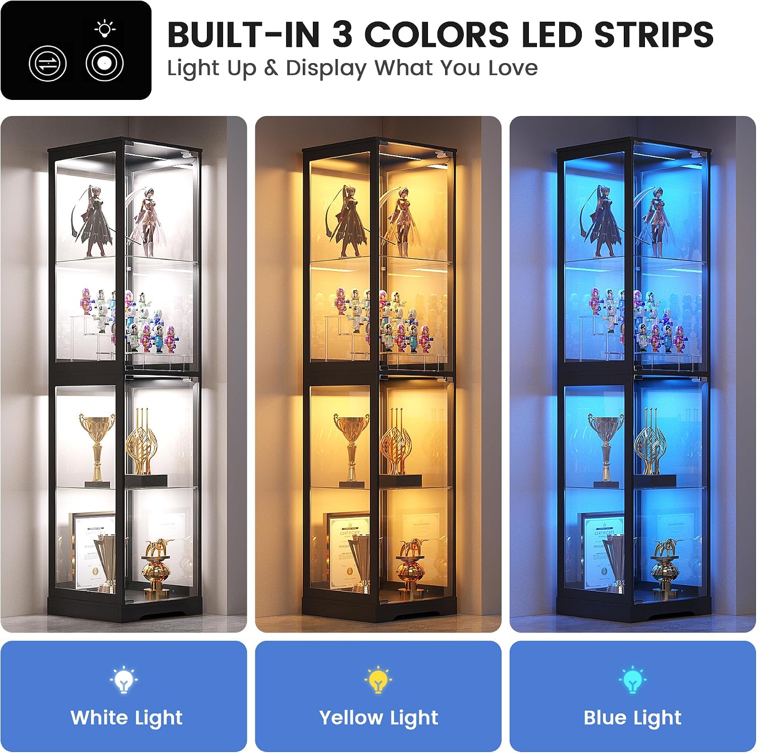 Detalle de TAGELIER 97094 Glass Display Cabinet with 3-Color LED Lighting, Black