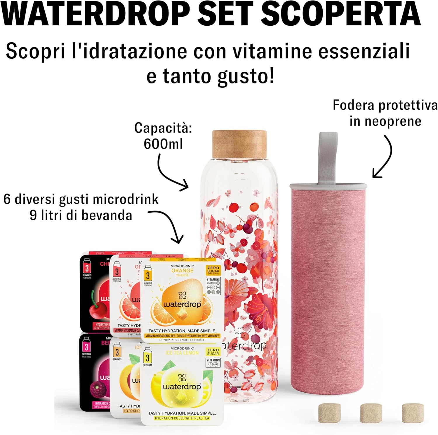 Thumbnail 2 de waterdrop Bottiglie Vetro 600ml con 18 Drops senza zucchero – cofanetto regalo donna