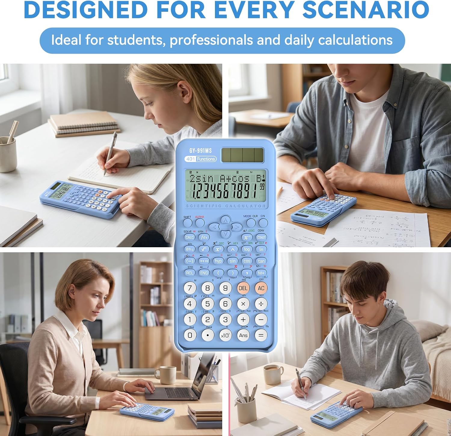 Detalle 2 de NEWYES Advanced Scientific Calculator for Exam (401 functions, 2-line display) – Blue