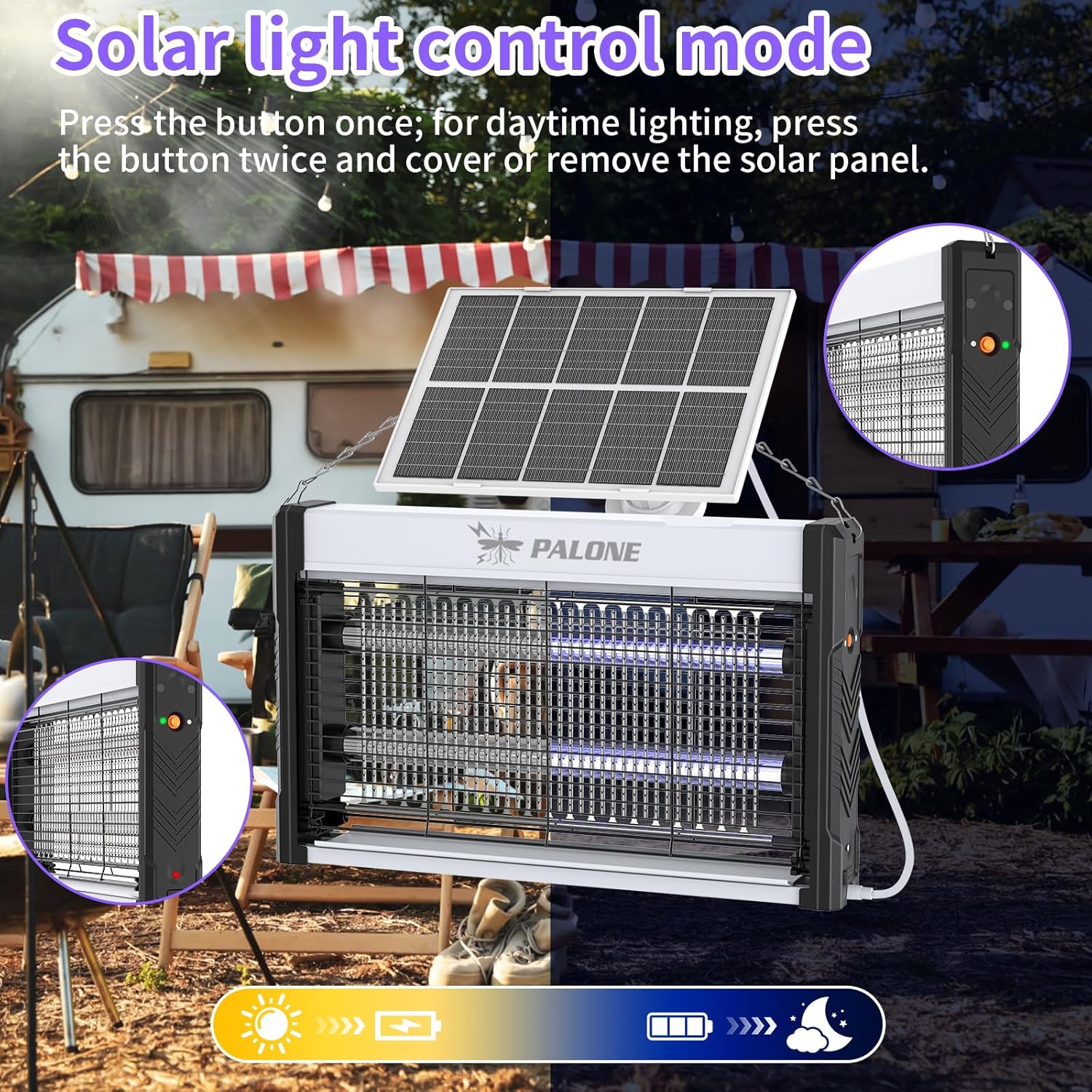 Thumbnail 2 de PALONE Bug Zapper with solar charging and 4000V UV trap (365nm) for indoor fly and mosquito control