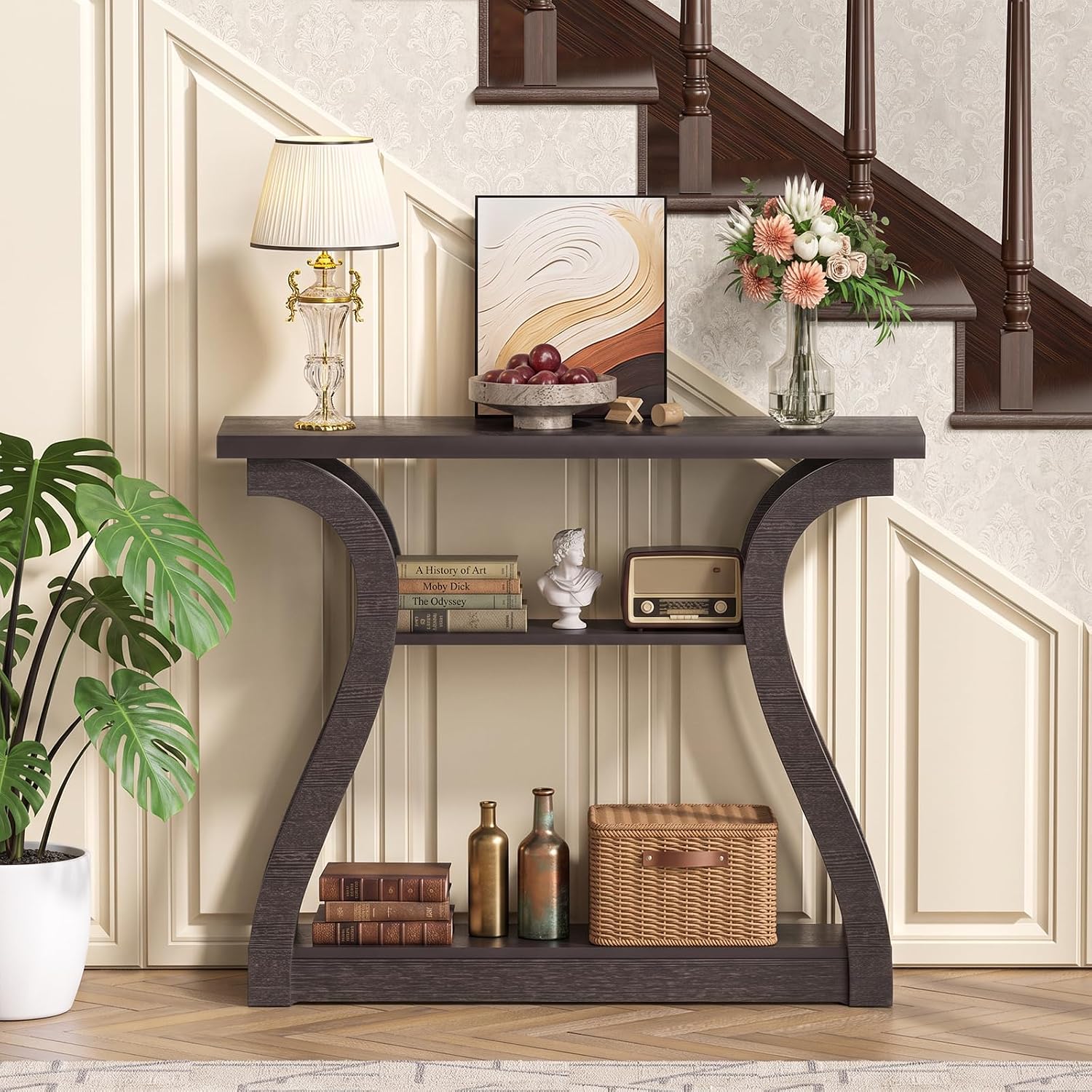 Thumbnail 6 de UODERS CONTEB- 3-Tier Wood Console Table, Brown, 47.25 in. with Curved Legs