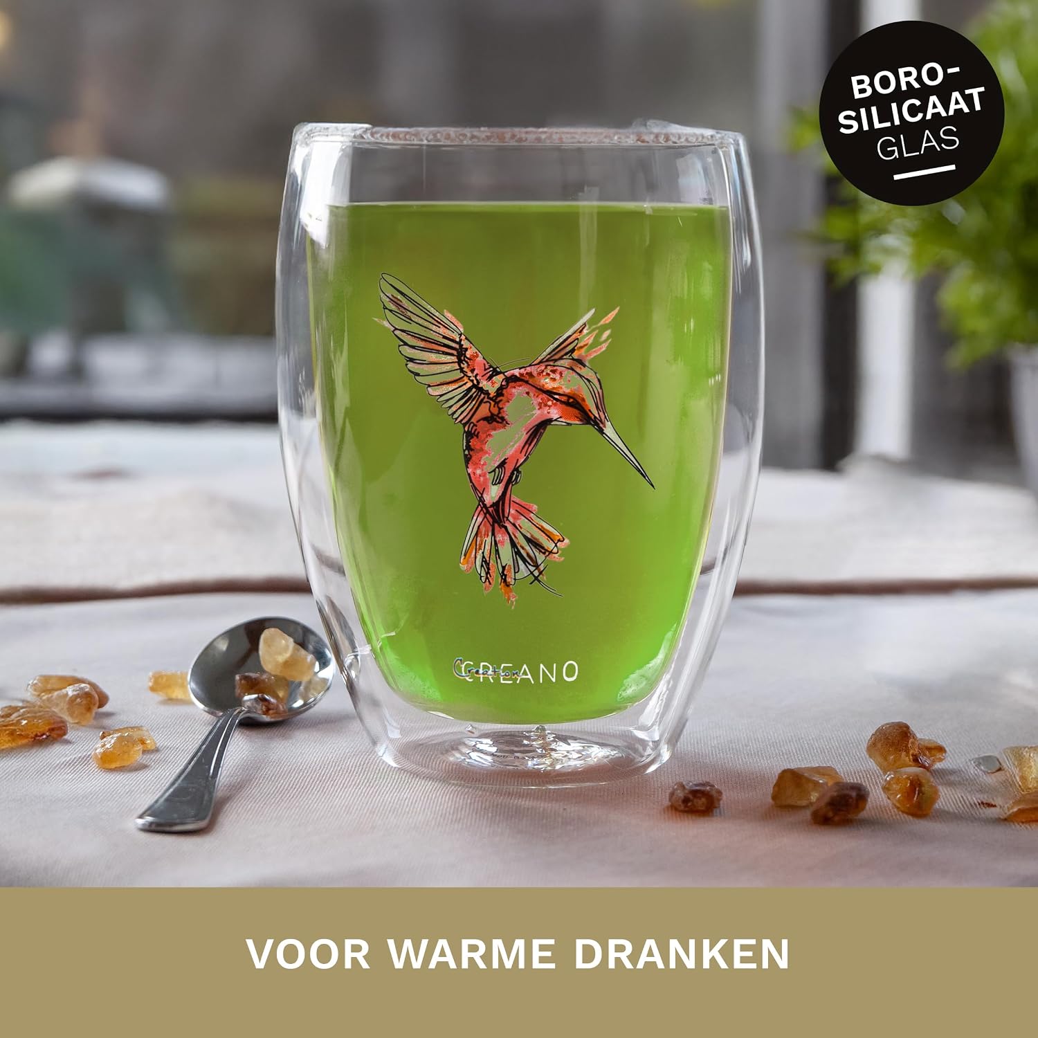 Detalle 2 de Creano 165 dubbelwandig thermoglas 250 ml, rood borosilicaatglas met kolibrimotief