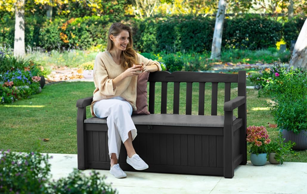 Thumbnail 4 de Keter Sitzbank Eden – Wetterfeste Gartenbank mit 265 L Stauraum, Holzoptik, 140x60x84 cm, inkl. Kissenbox, abschließbar