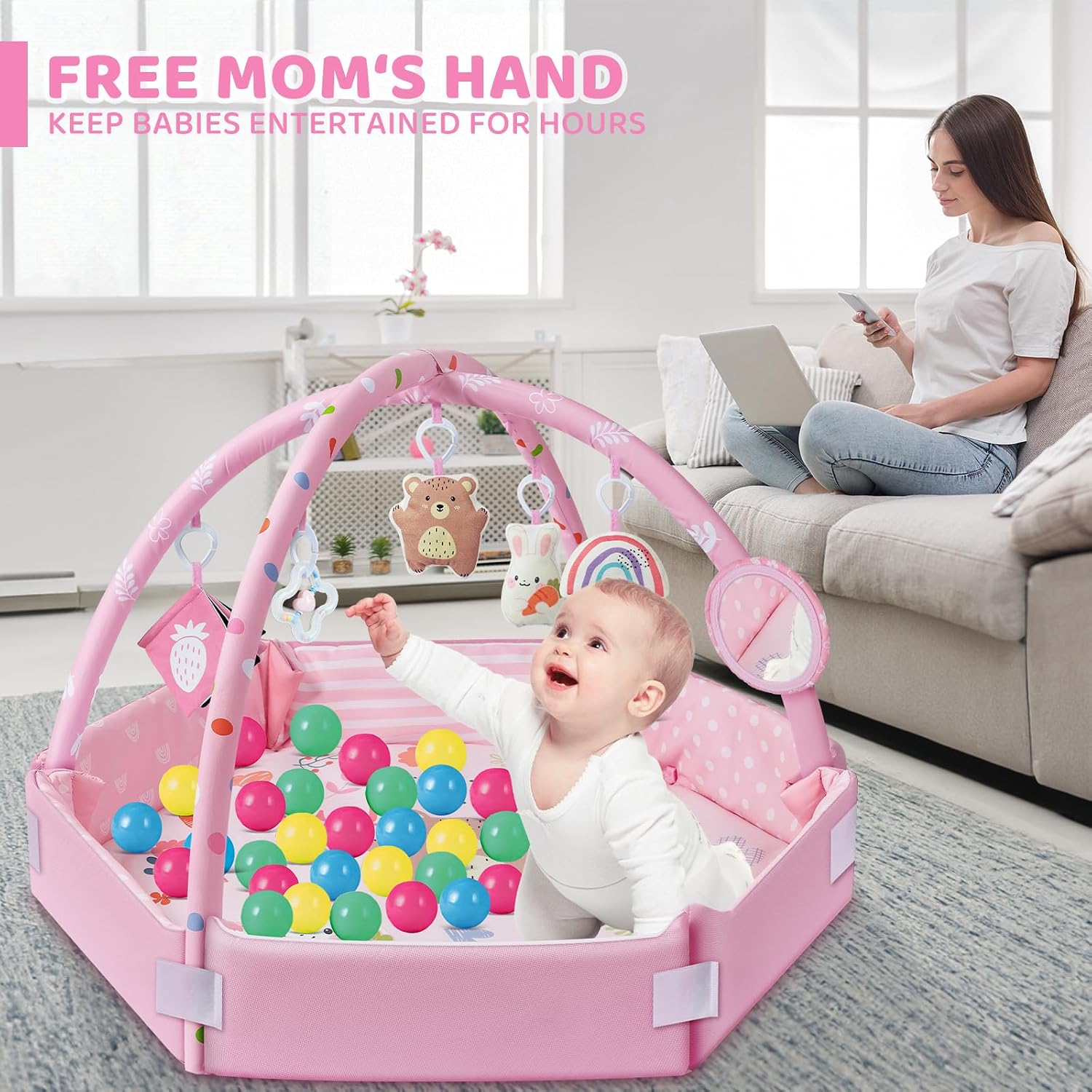 Thumbnail 4 de Baby Gym Play Mat: 8-in-1 Tummy Time Mat & Ball Pit in Pink