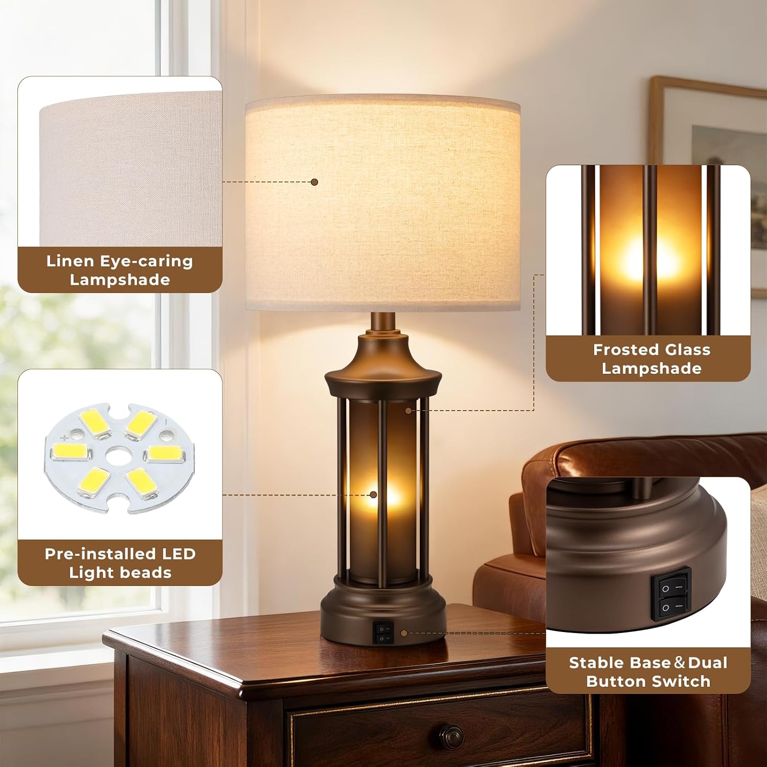 Thumbnail 6 de Seealle jinshudeng2-2 Table Lamps, Set of 2, 24-Inch with Linen Shades and Dual Lighting