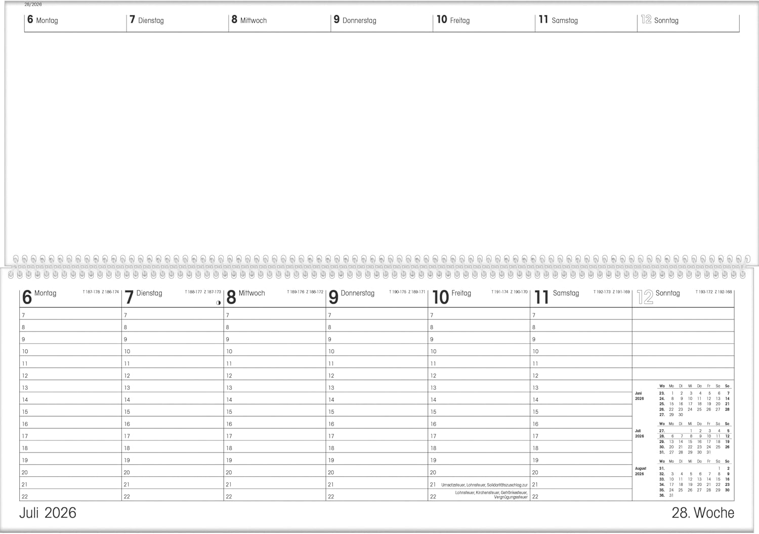 Detalle 1 de Zettler Tischquerkalender Giganta XXL 1W/2S Grün 2026 – Wochenkalender mit Stundenplan von 7–22 Uhr, 42x15 cm, Spiralbindung