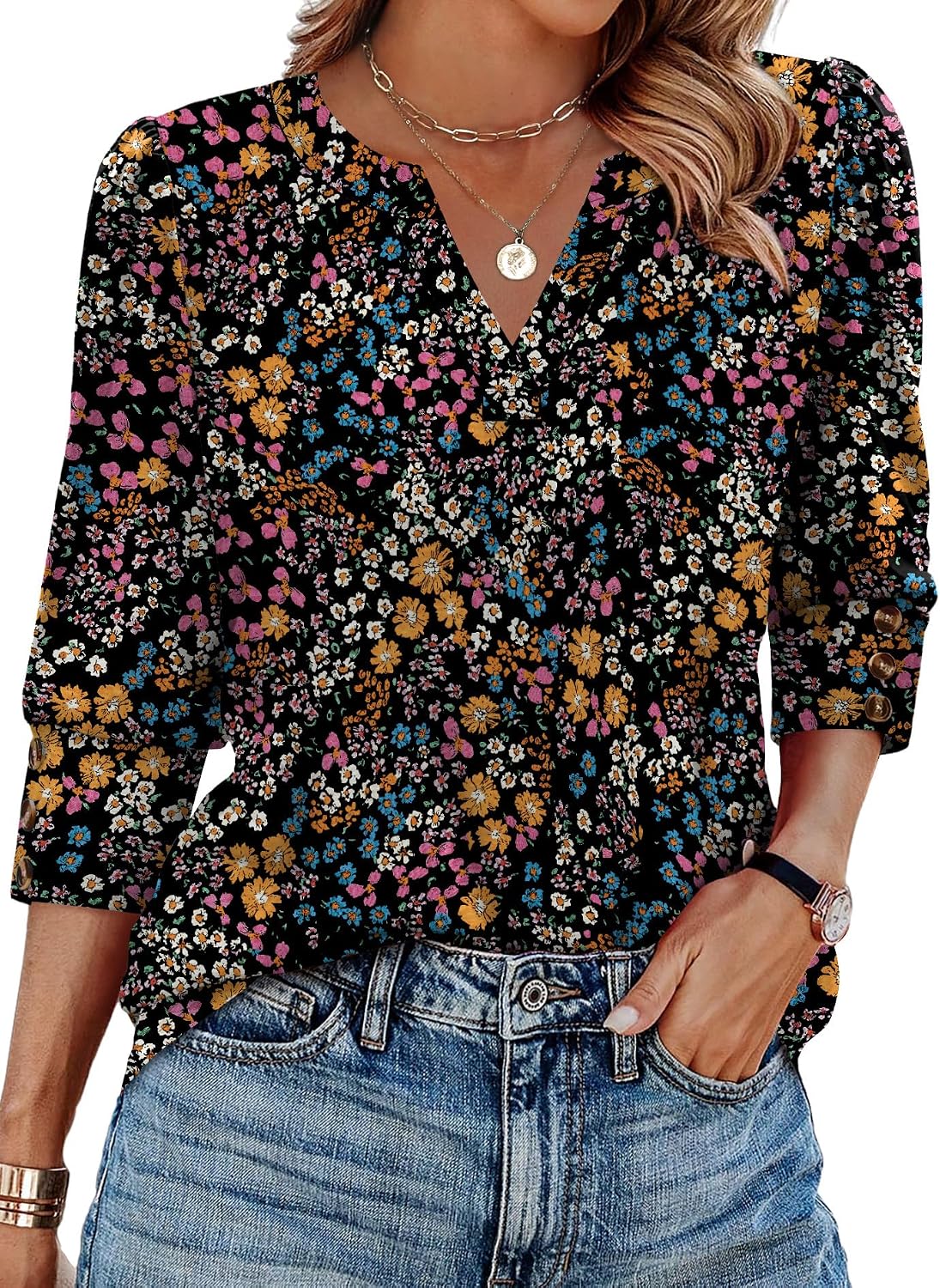 Detalle de WIHOLL 3/4 Length Sleeve V-Neck Blouse with Button Cuffs