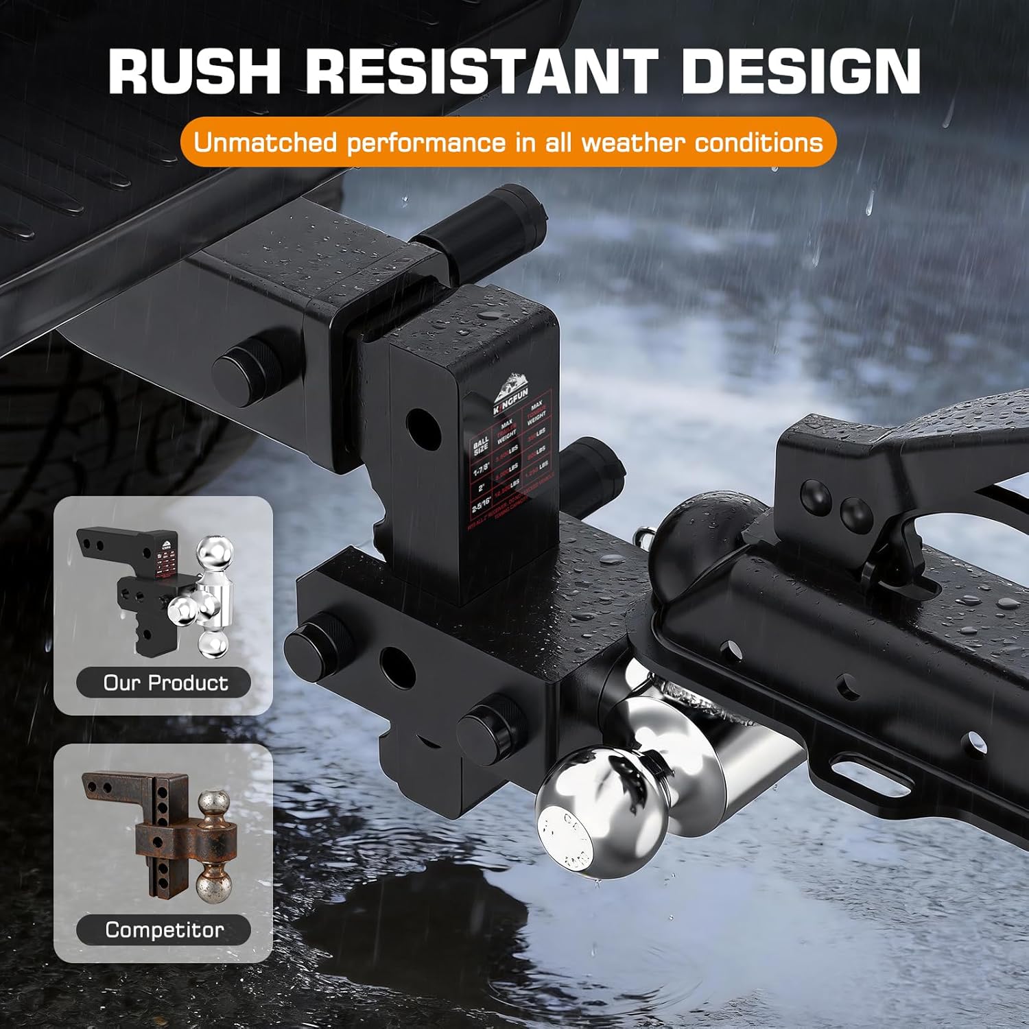 Thumbnail 4 de Kingfun Adjustable Trailer Hitch (2-inch receiver) with tri-ball setup, 6-inch drop/rise, up to 12,500 lbs GTW