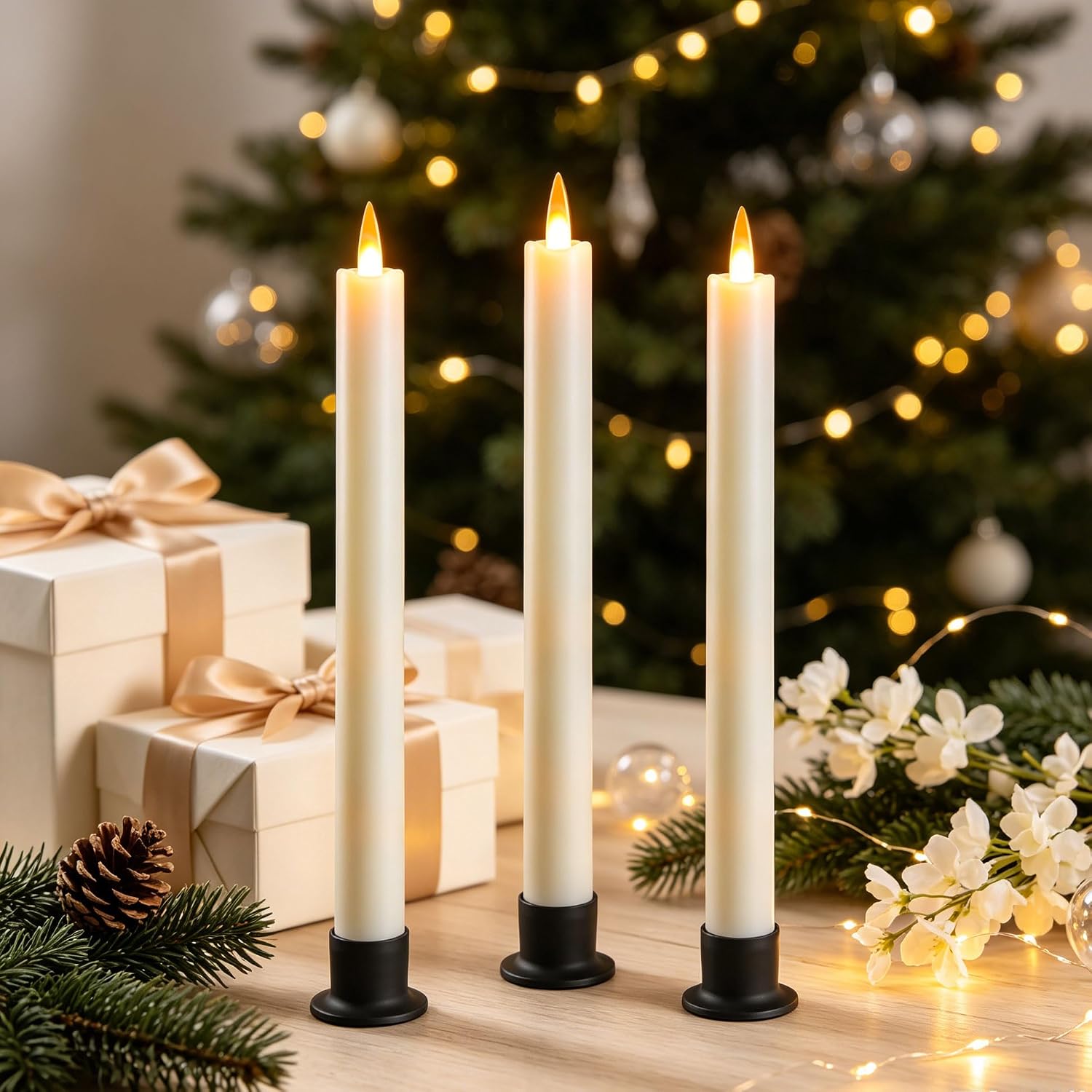 Detalle de Da by GMGL-3 Flameless Taper Candles, Ivory 3-Pack with Remote