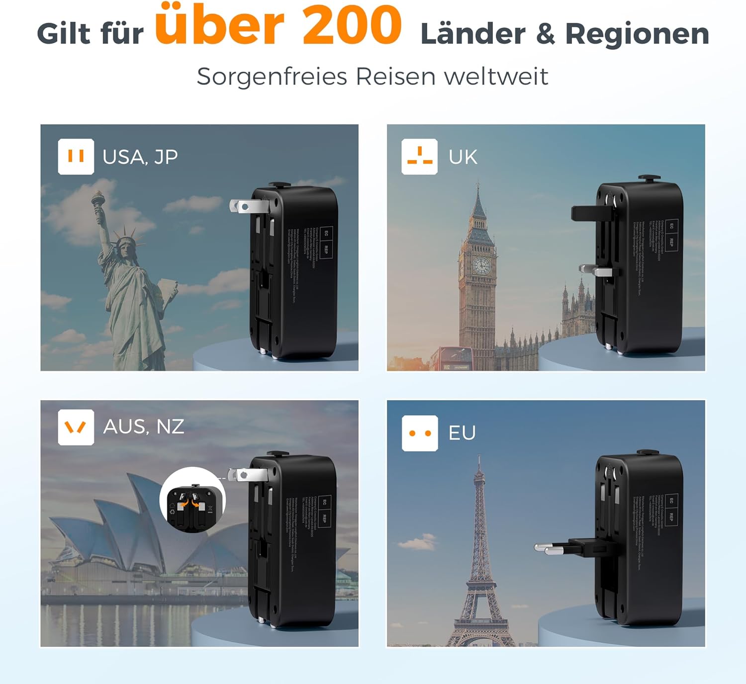 Detalle 2 de TESSAN Reiseadapter PD 20W mit USB‑C und USB‑A 🌍